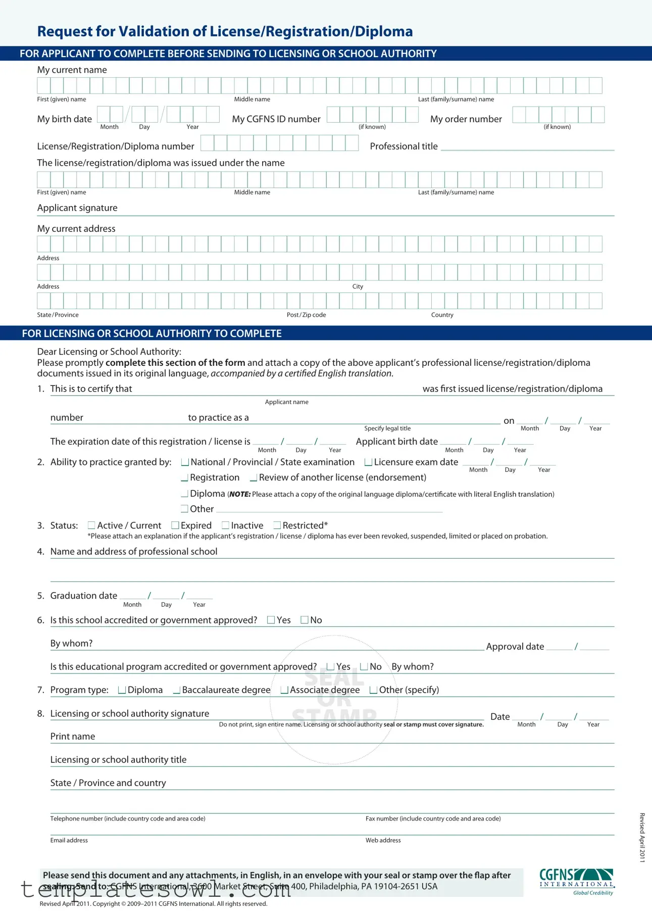 Fill Out Your Cgfns Validation License Form