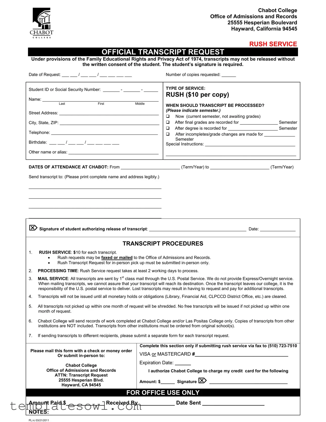 Fill Out Your Chabot Transcript Request Form