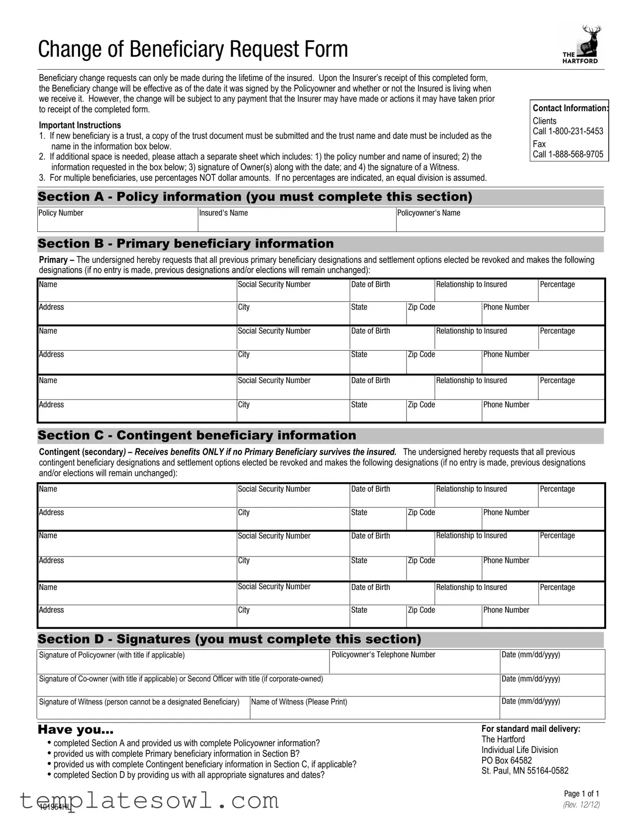 Fill Out Your Change Of Beneficiary Request Form