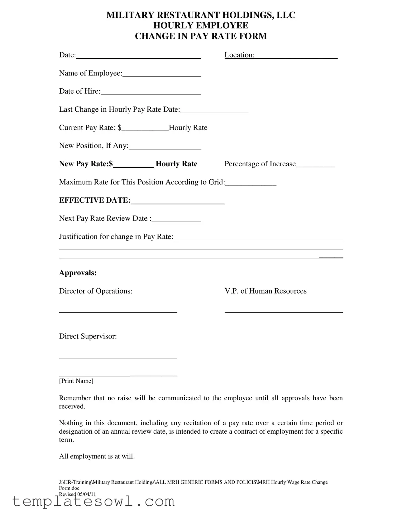 Fill Out Your Change Pay Rate Form