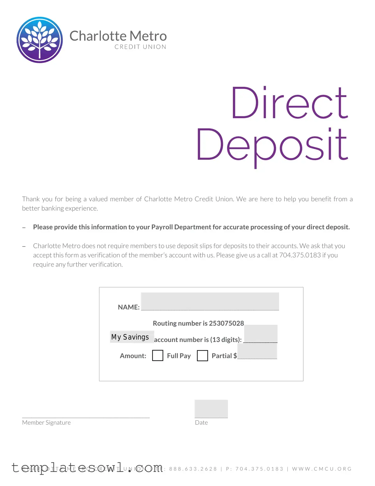 Fill Out Your Charlotte Metro Credit Union Direct Deposit Form