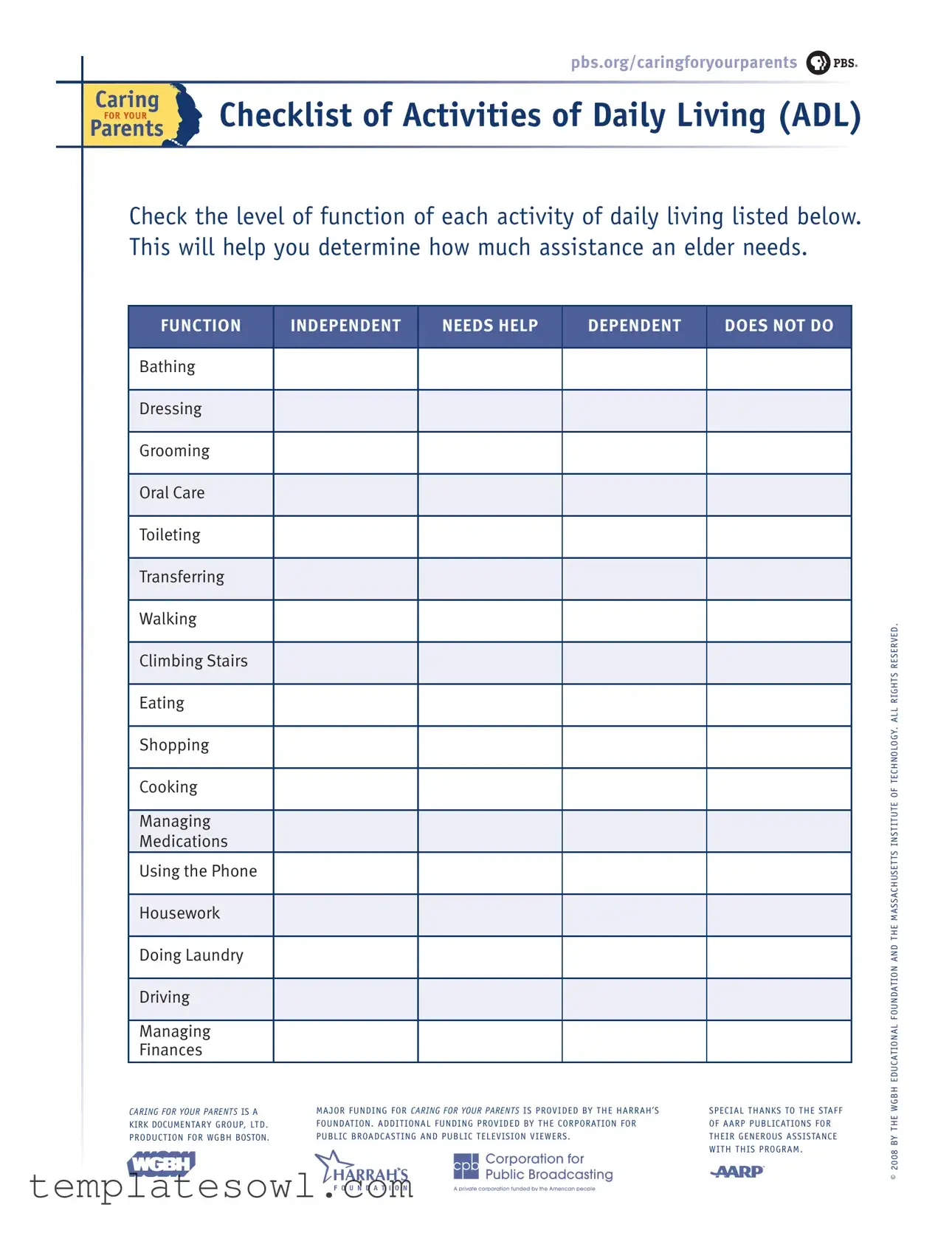 Fill Out Your Checklist Daily Living Form