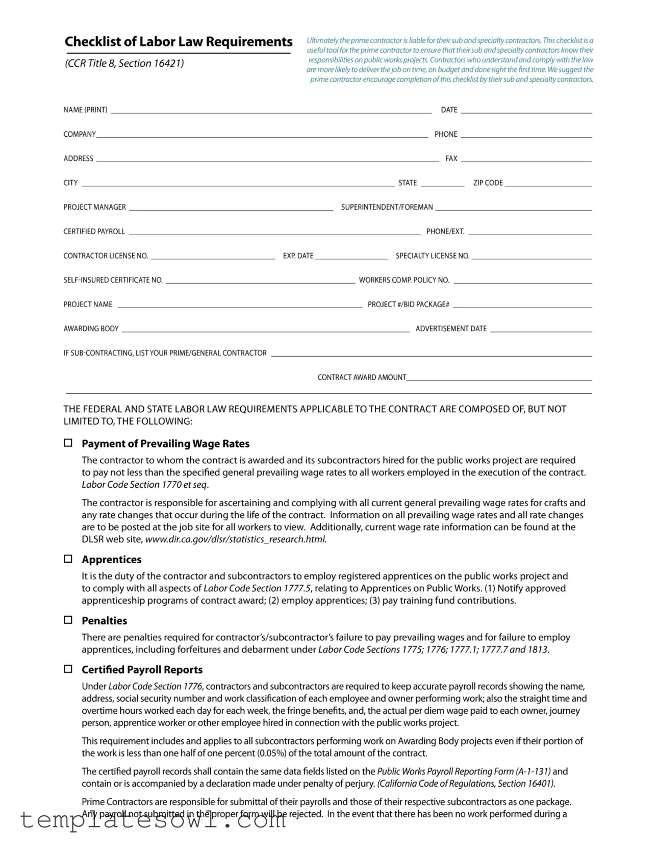 Fill Out Your Checklist Labor Law Form