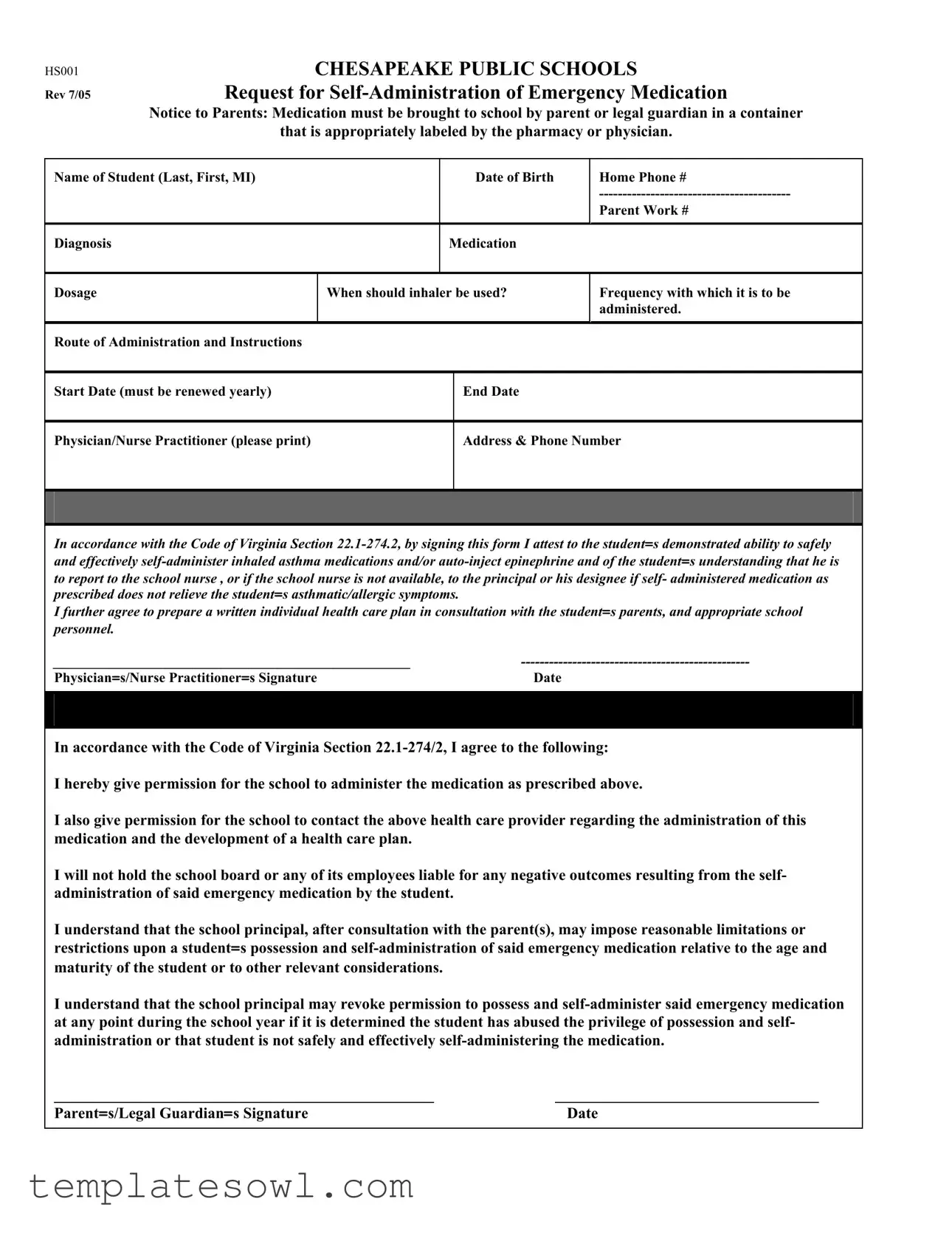 Fill Out Your Chesapeake Hs001 Form