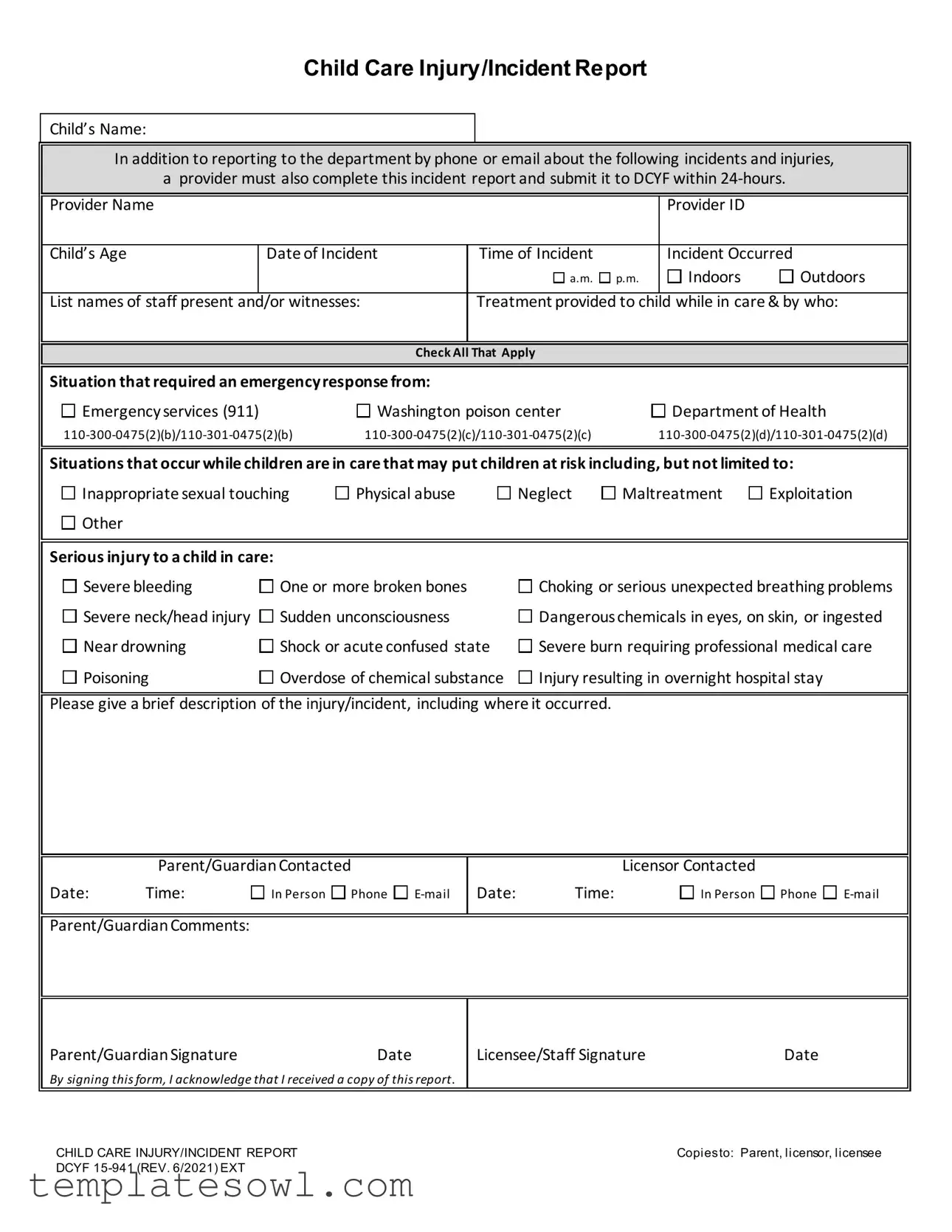 Fill Out Your Child Care Incident Report Form
