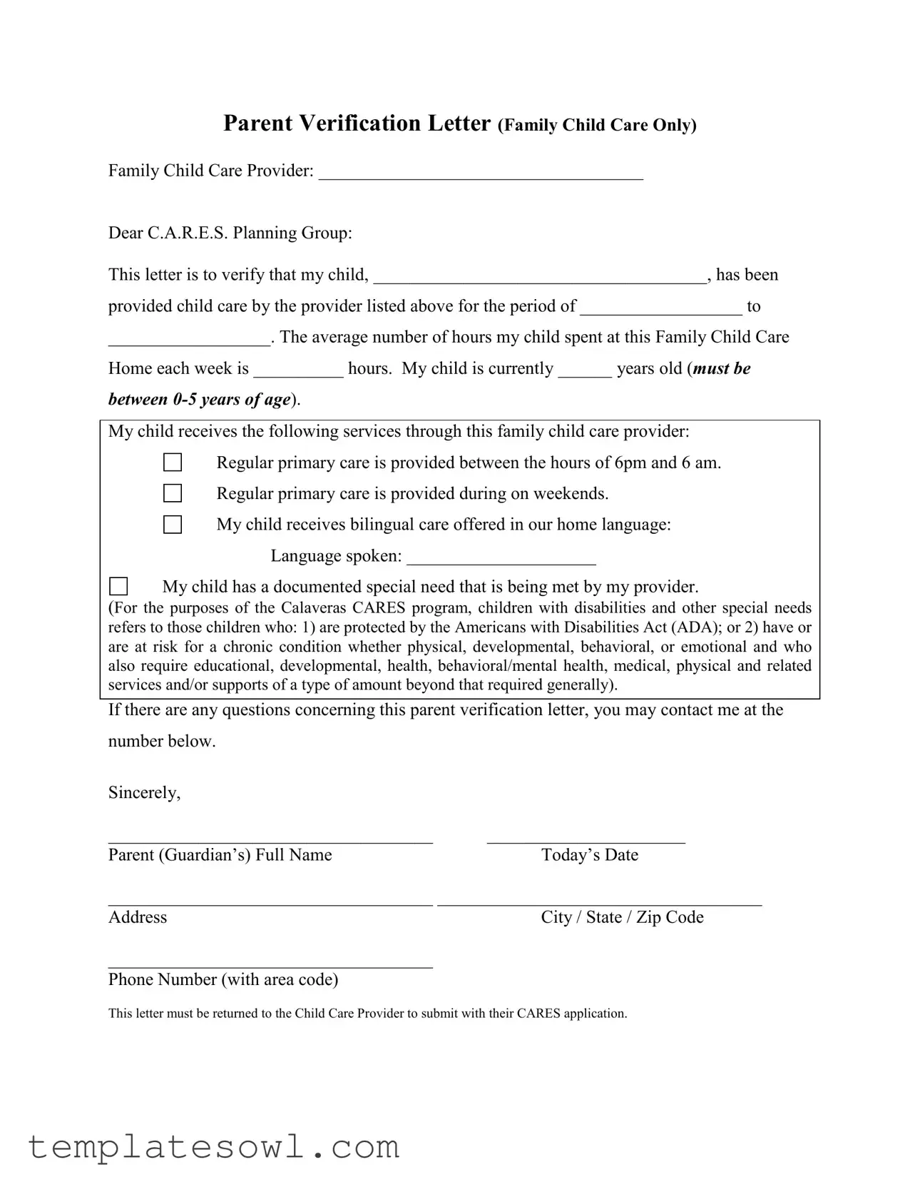 Fill Out Your Child Care Payment Letter Form