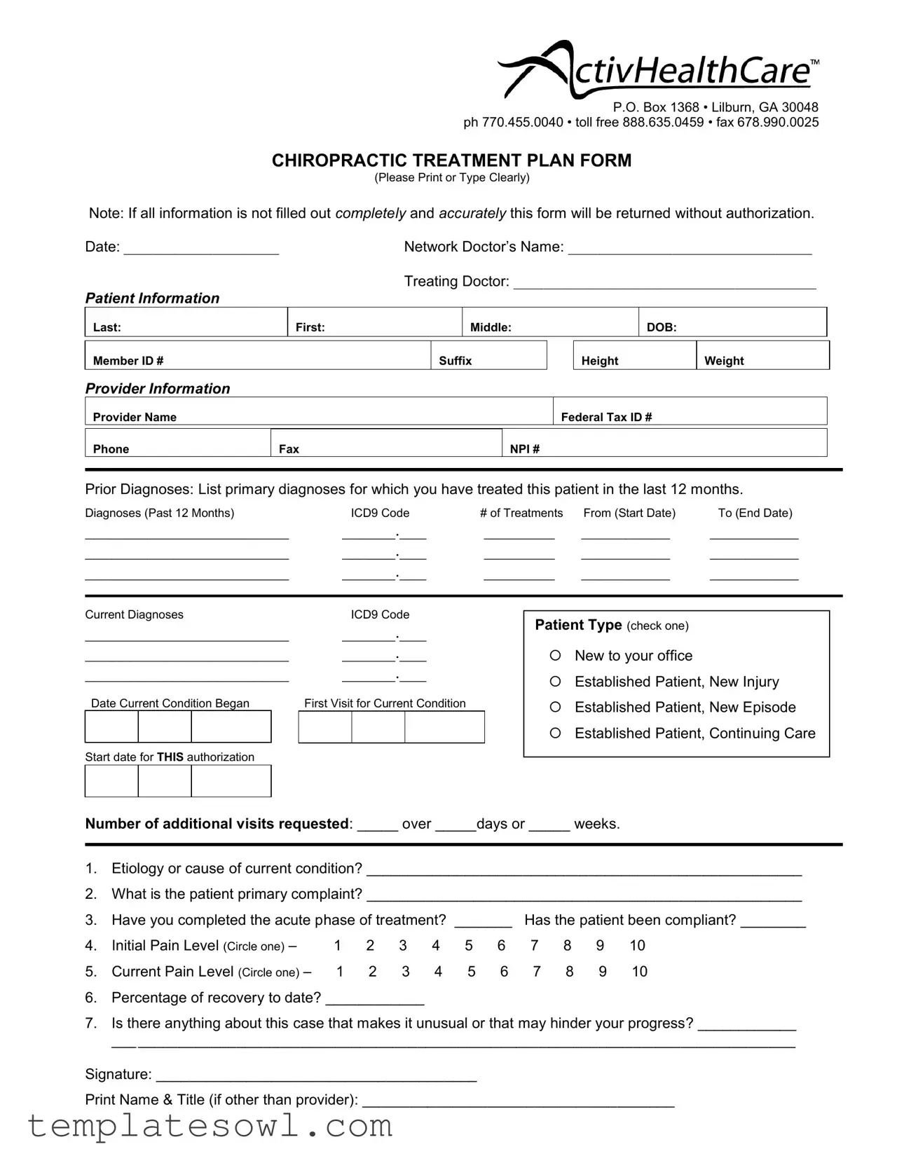 Fill Out Your Chiropractic Treatment Plan Form