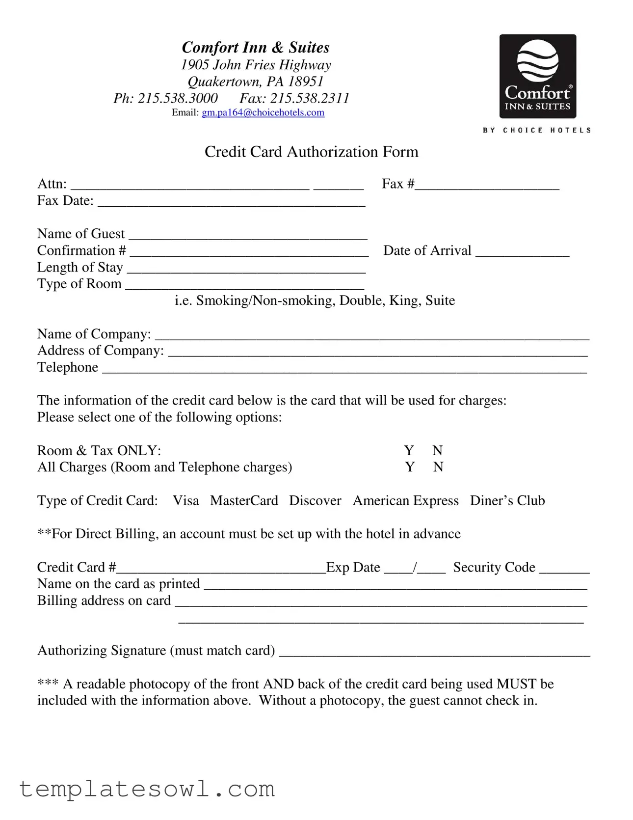 Fill Out Your Choice Hotels Credit Card Authorization Form