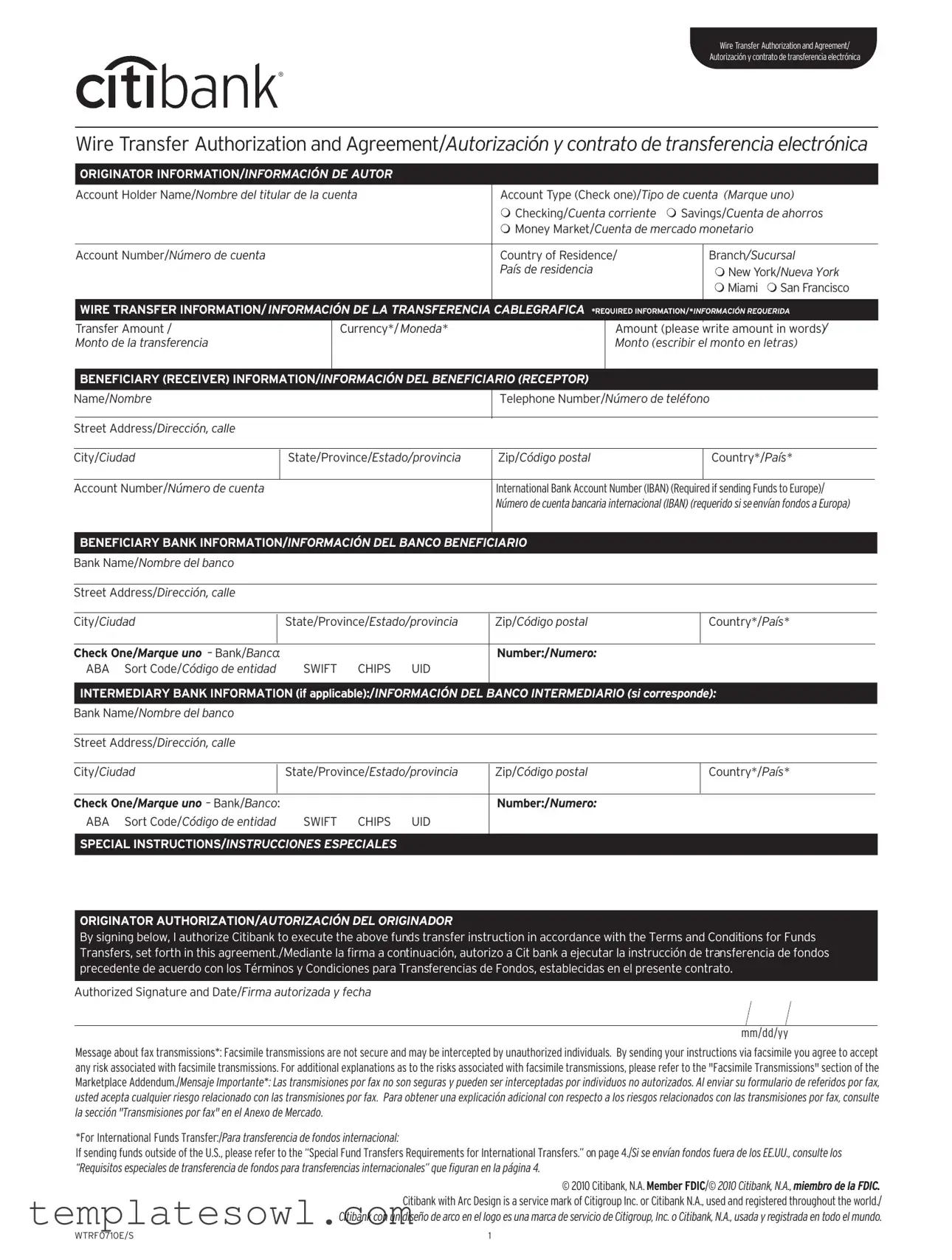 Fill Out Your Citibank Wire Form