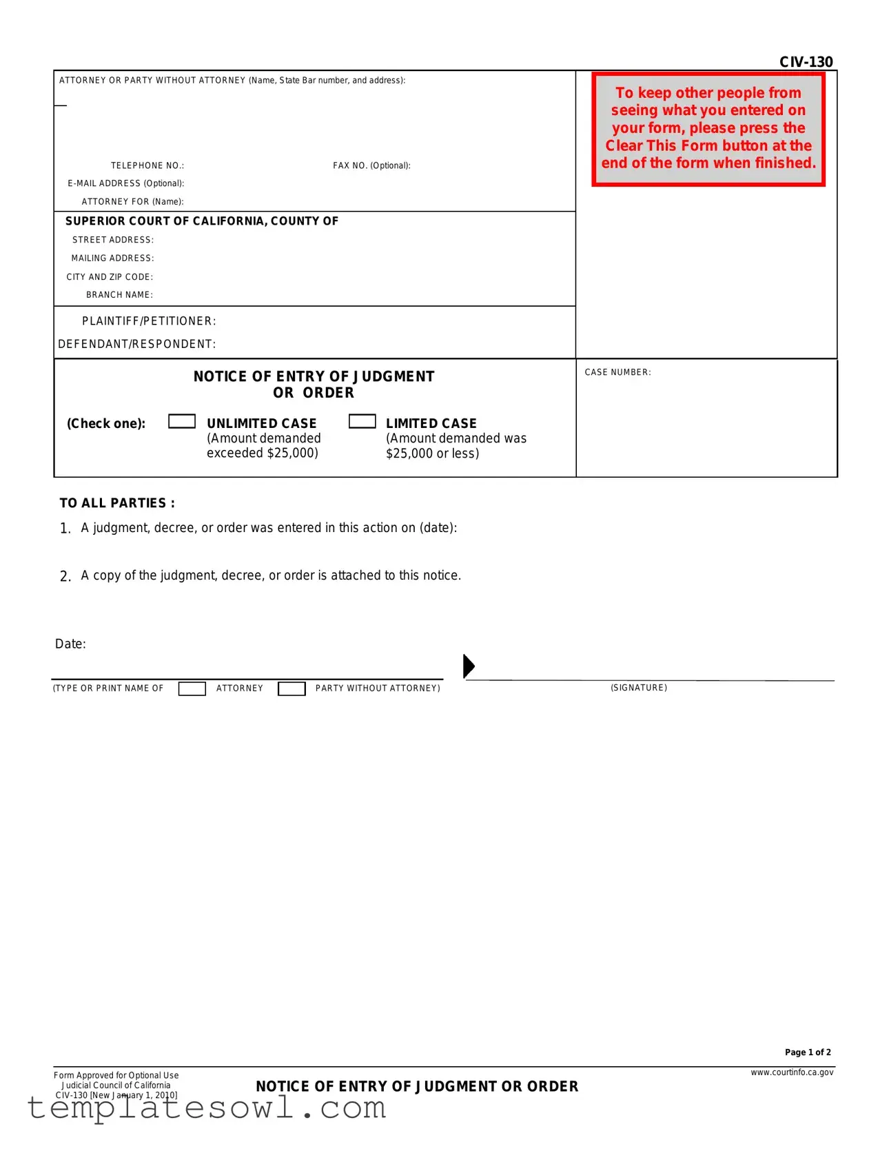 Fill Out Your Civ 130 Form