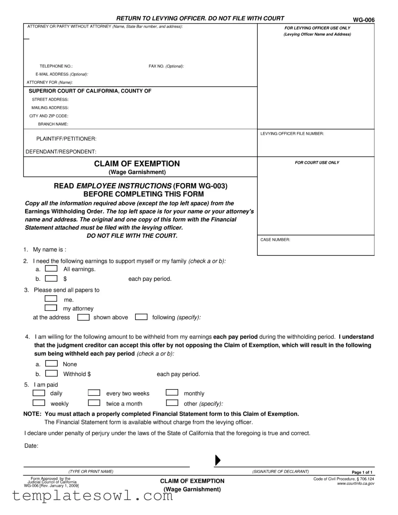 Fill Out Your Claim Of Exemption Wg 006 Form