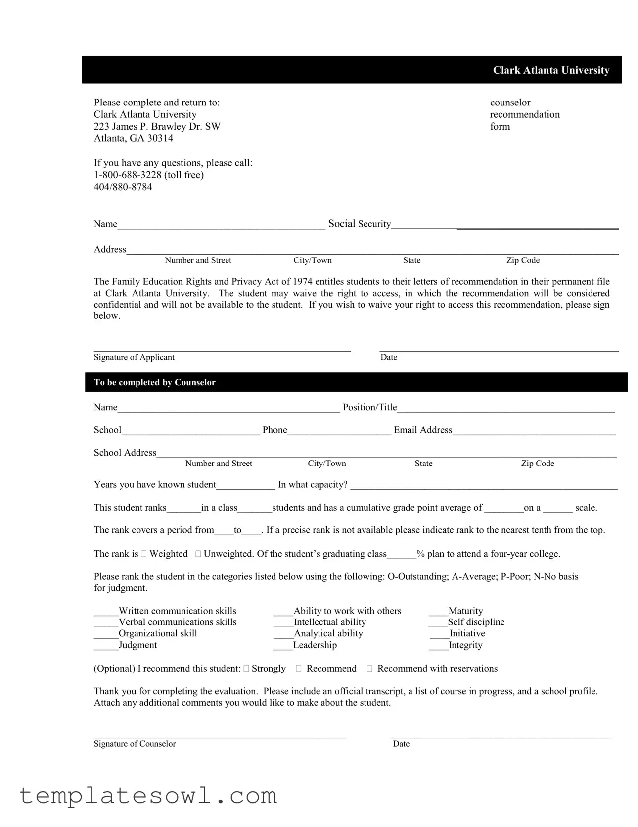 Fill Out Your Clark Atlanta Counselor Form
