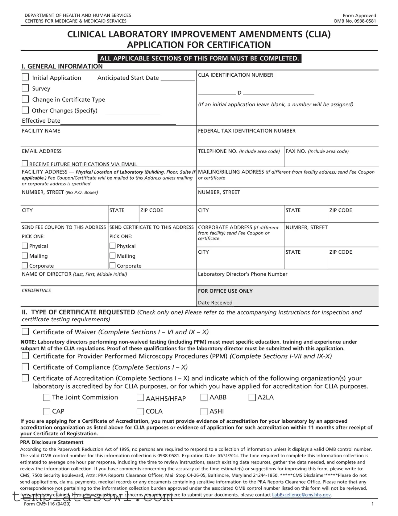 Fill Out Your Clia Application Cms 116 Form