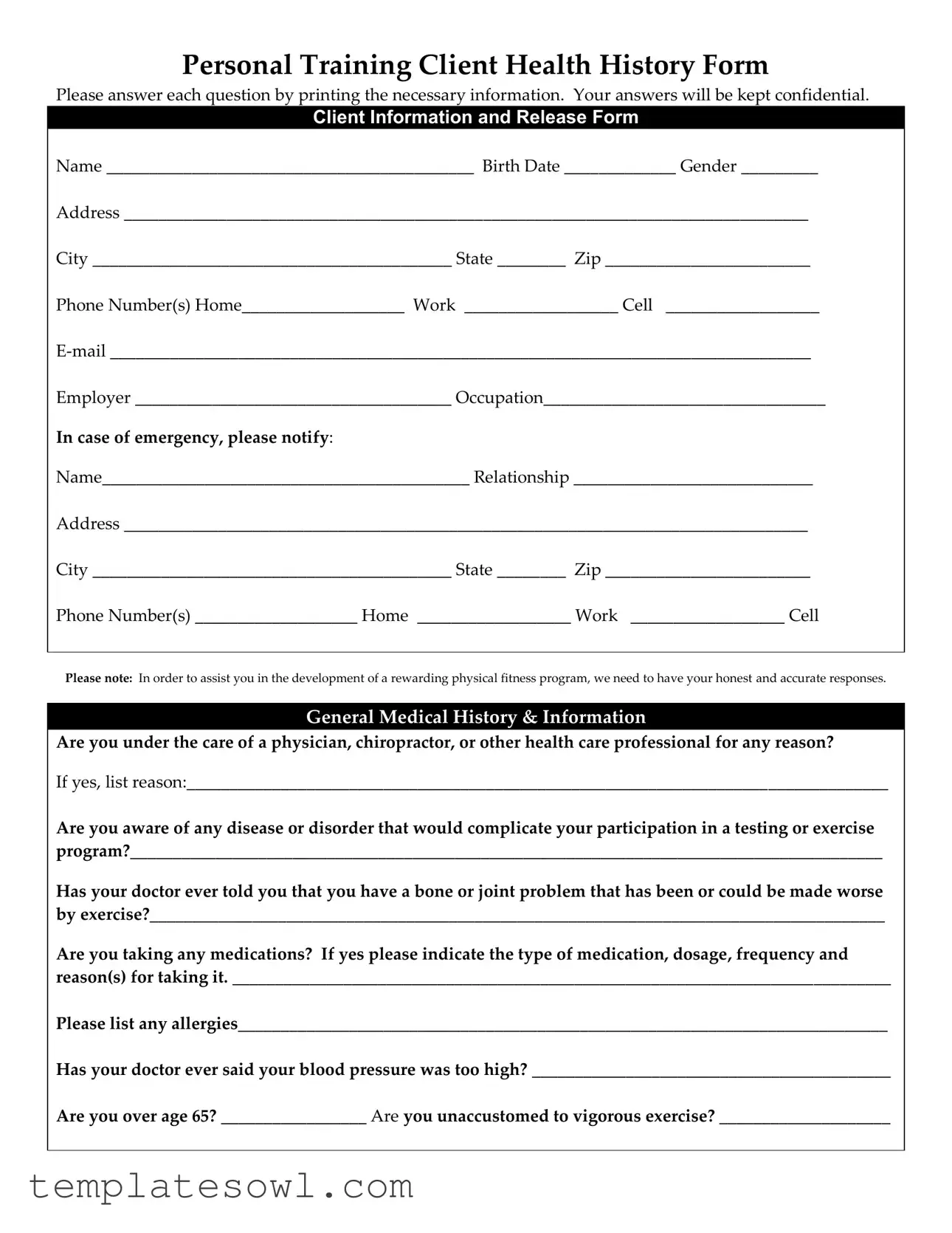 Fill Out Your Client Health Form