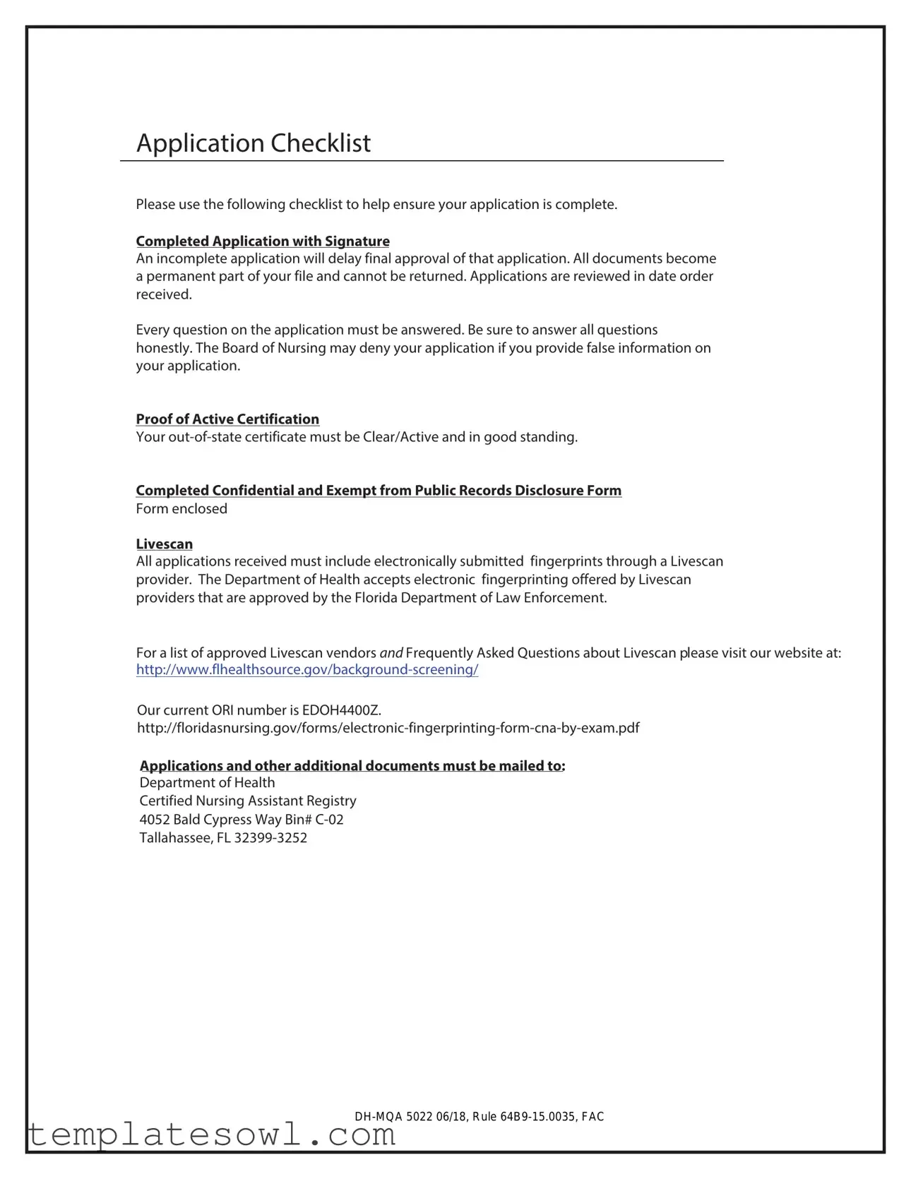 Fill Out Your Cna License To Florida Form