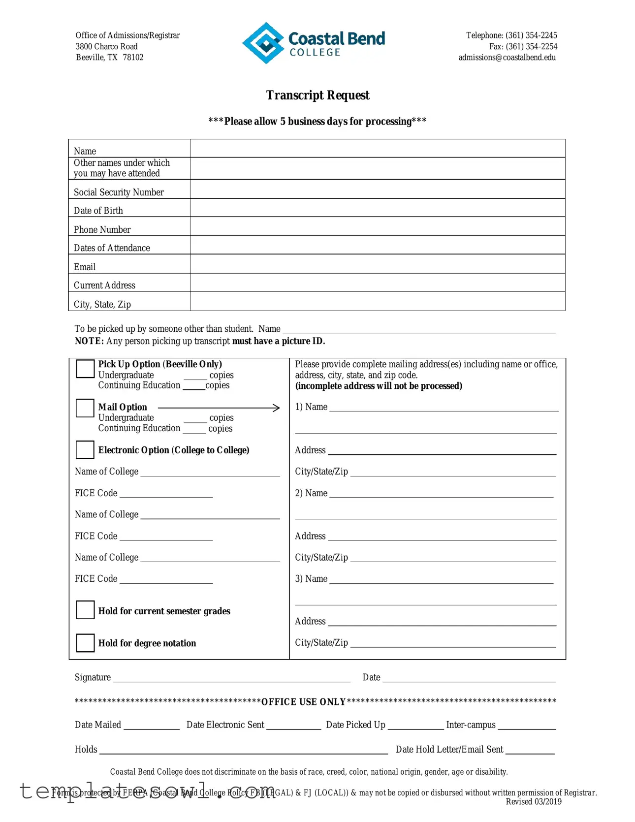 Fill Out Your Coastal Bend Transcript Form