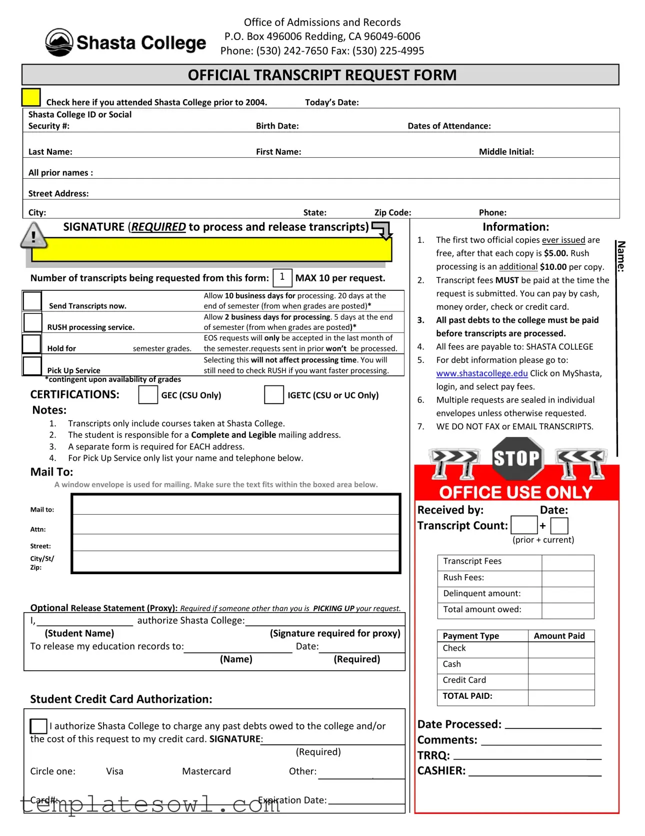 Fill Out Your College Shasta Transcripts Form