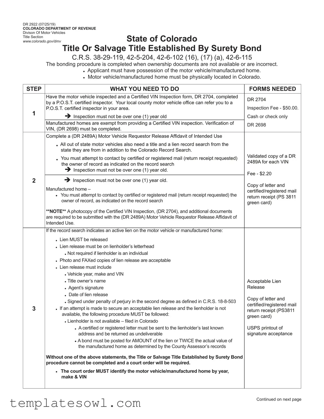 Fill Out Your Colorado Dr 2922 Form