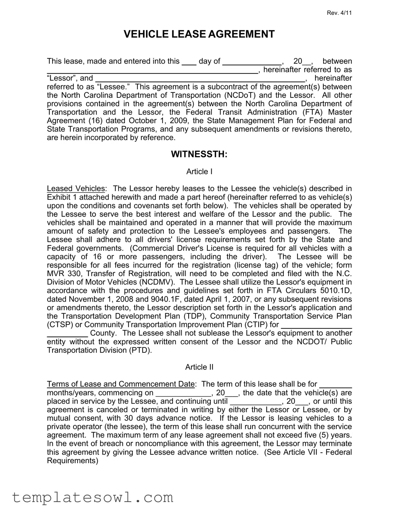 Fill Out Your Commercial Vehicle Lease Agreement Form
