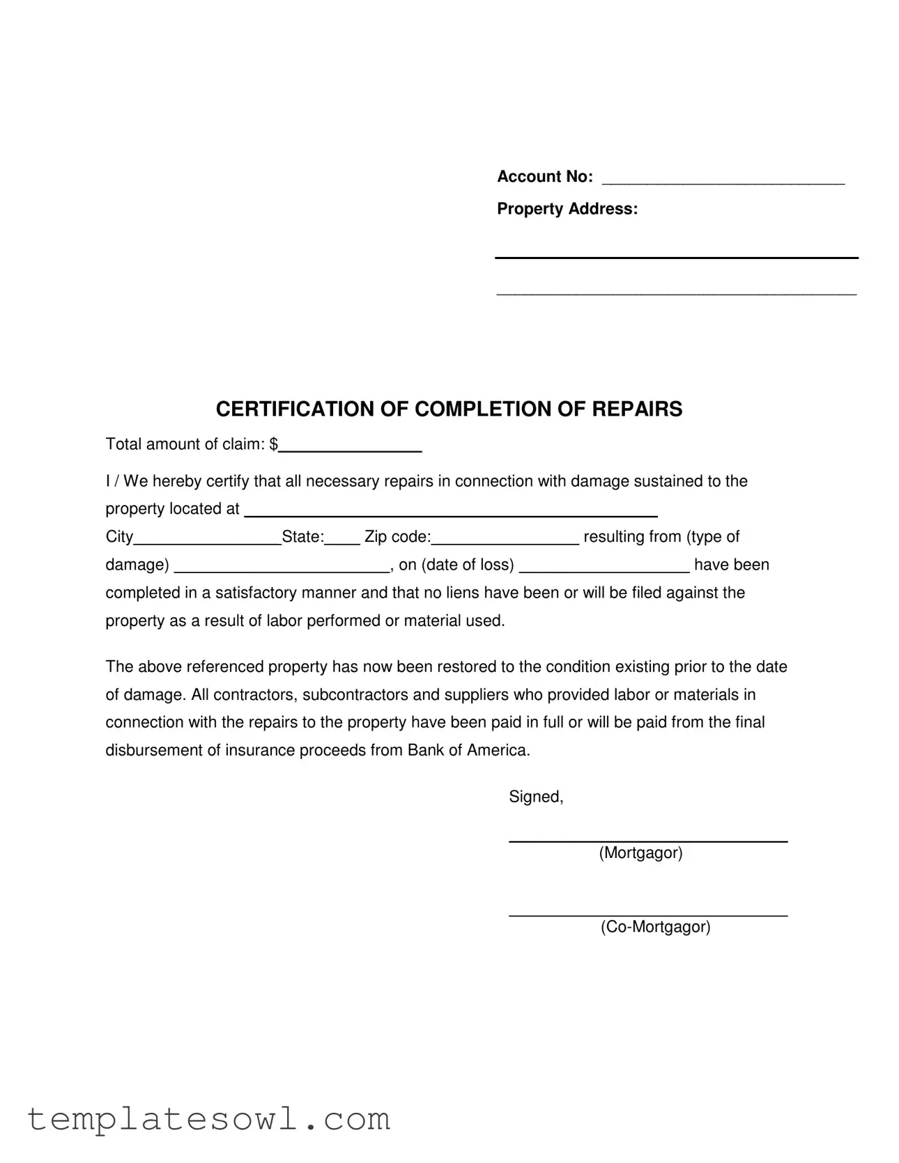 Fill Out Your Completion Repairs Form