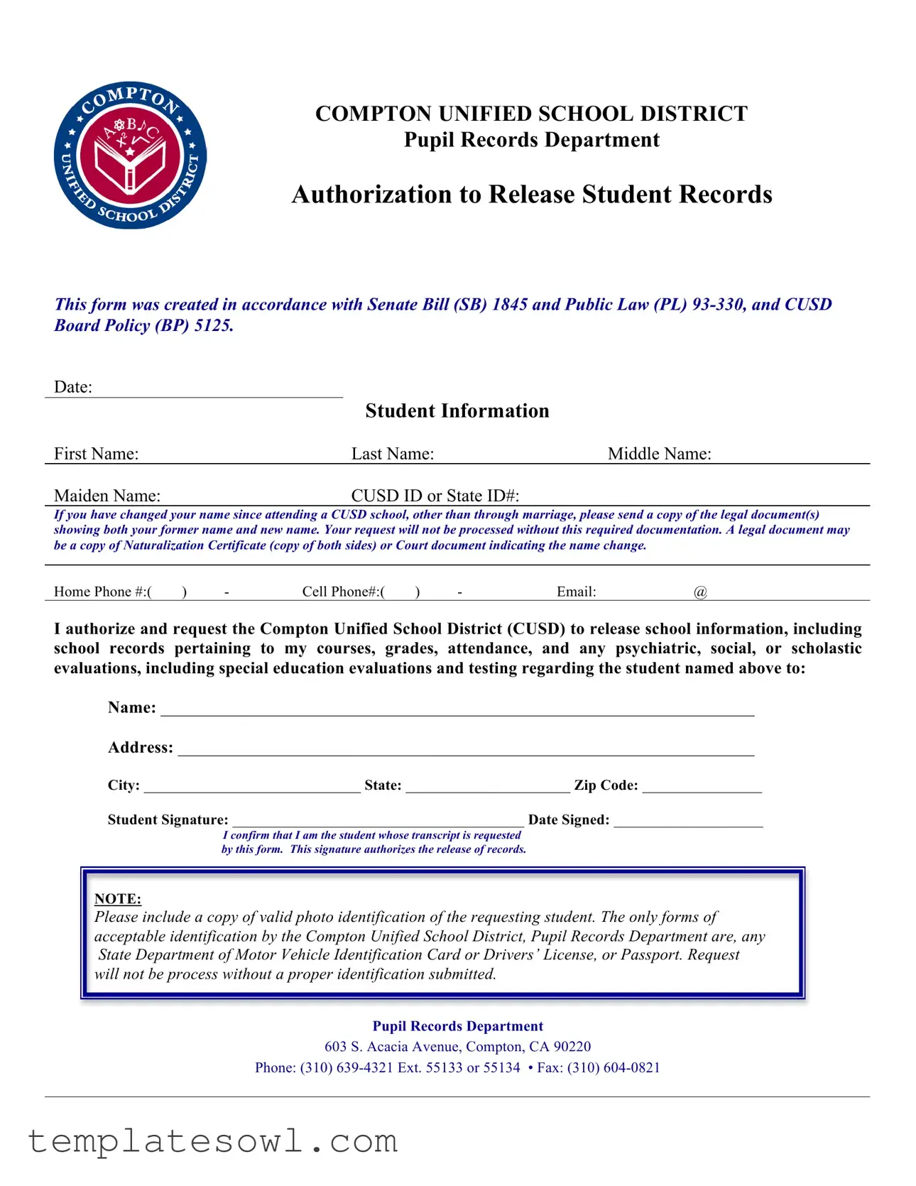 Fill Out Your Compton Unified School District Records Form