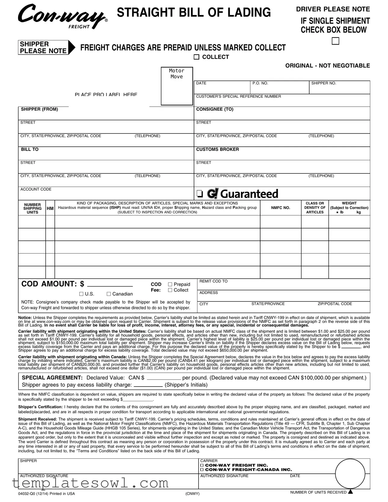 Fill Out Your Con Way Bill Of Lading Form