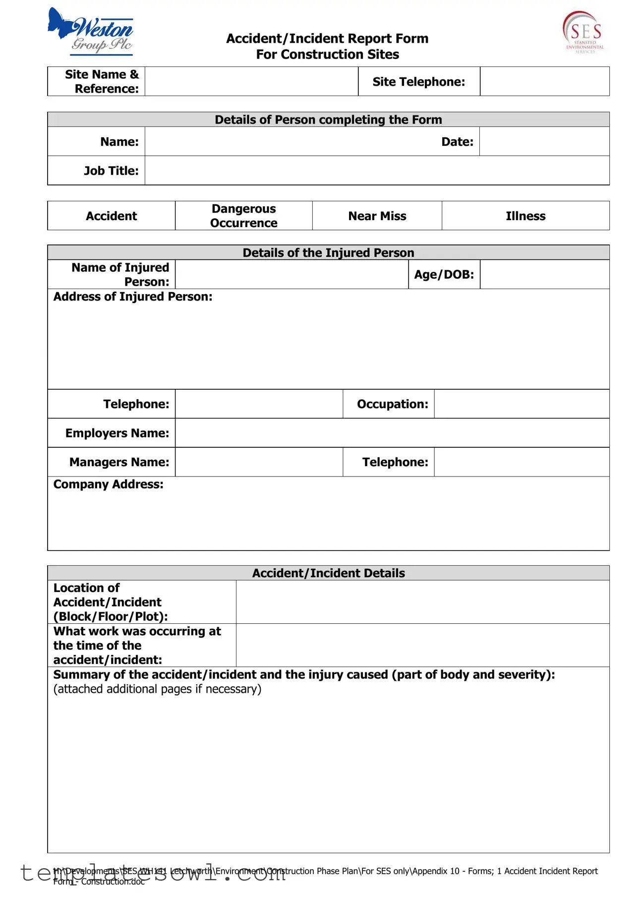 Fill Out Your Construction Accident Report Form