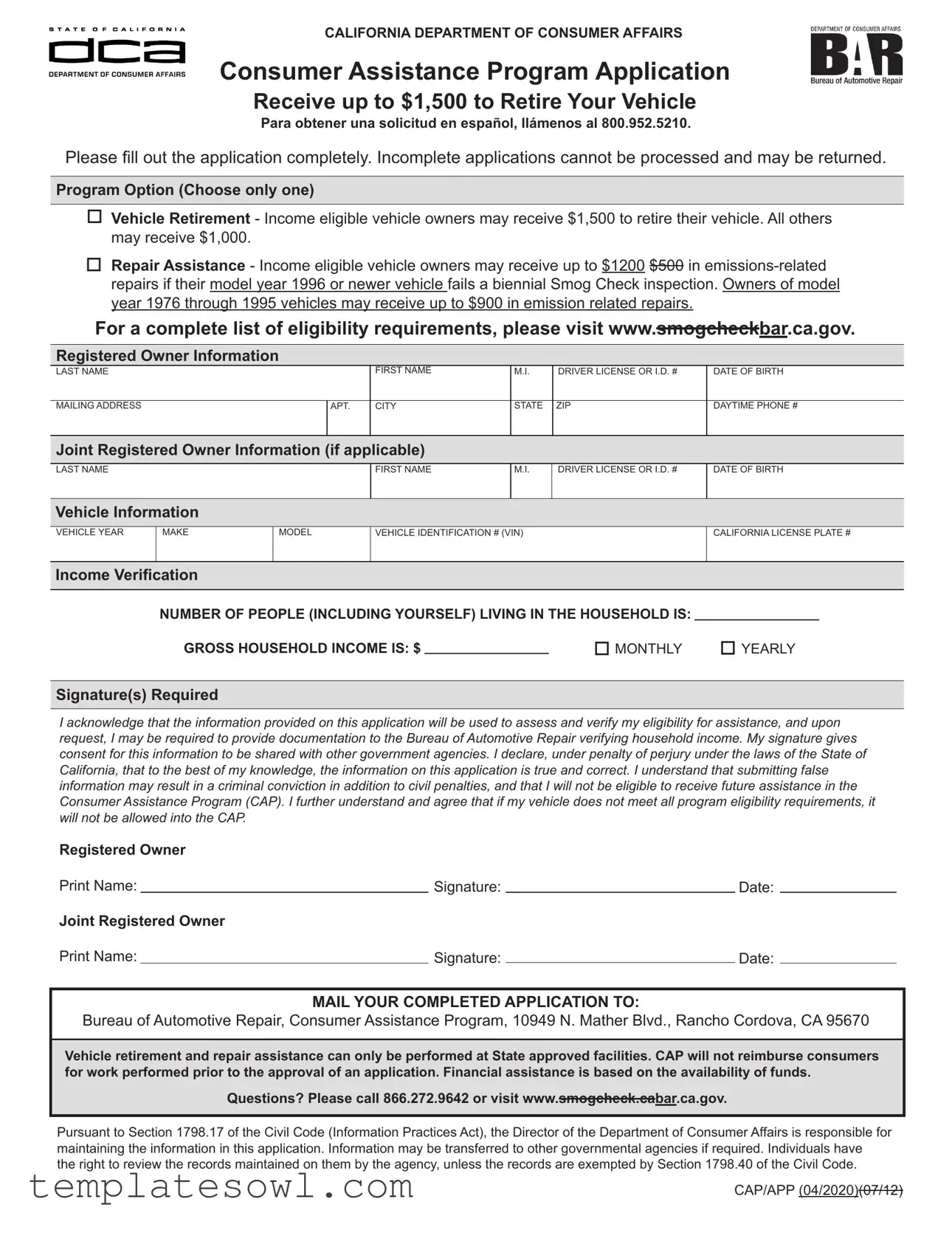 Fill Out Your Consumer Assistance Program Application Form