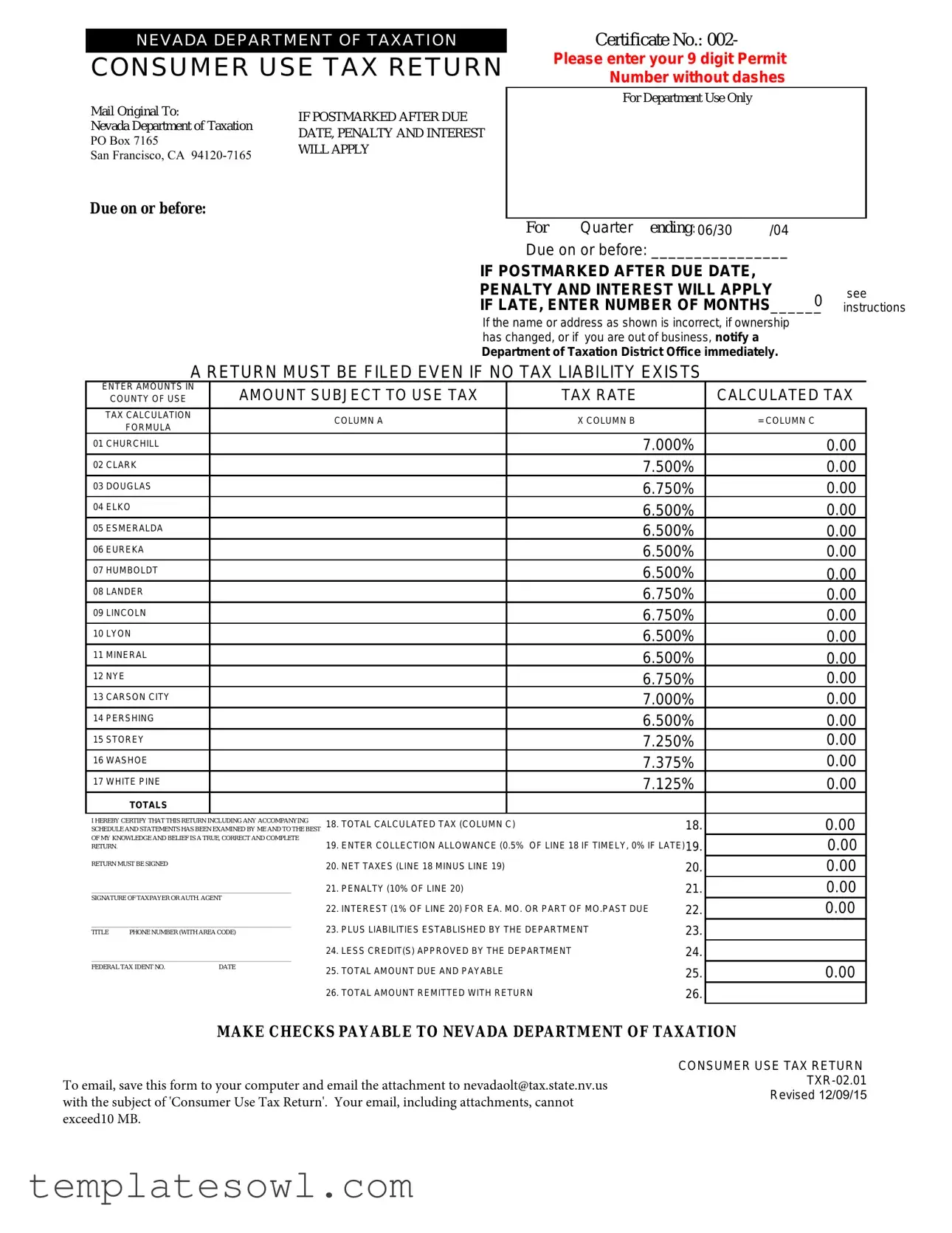 Fill Out Your Consumer Use Tax Return Nevada Form