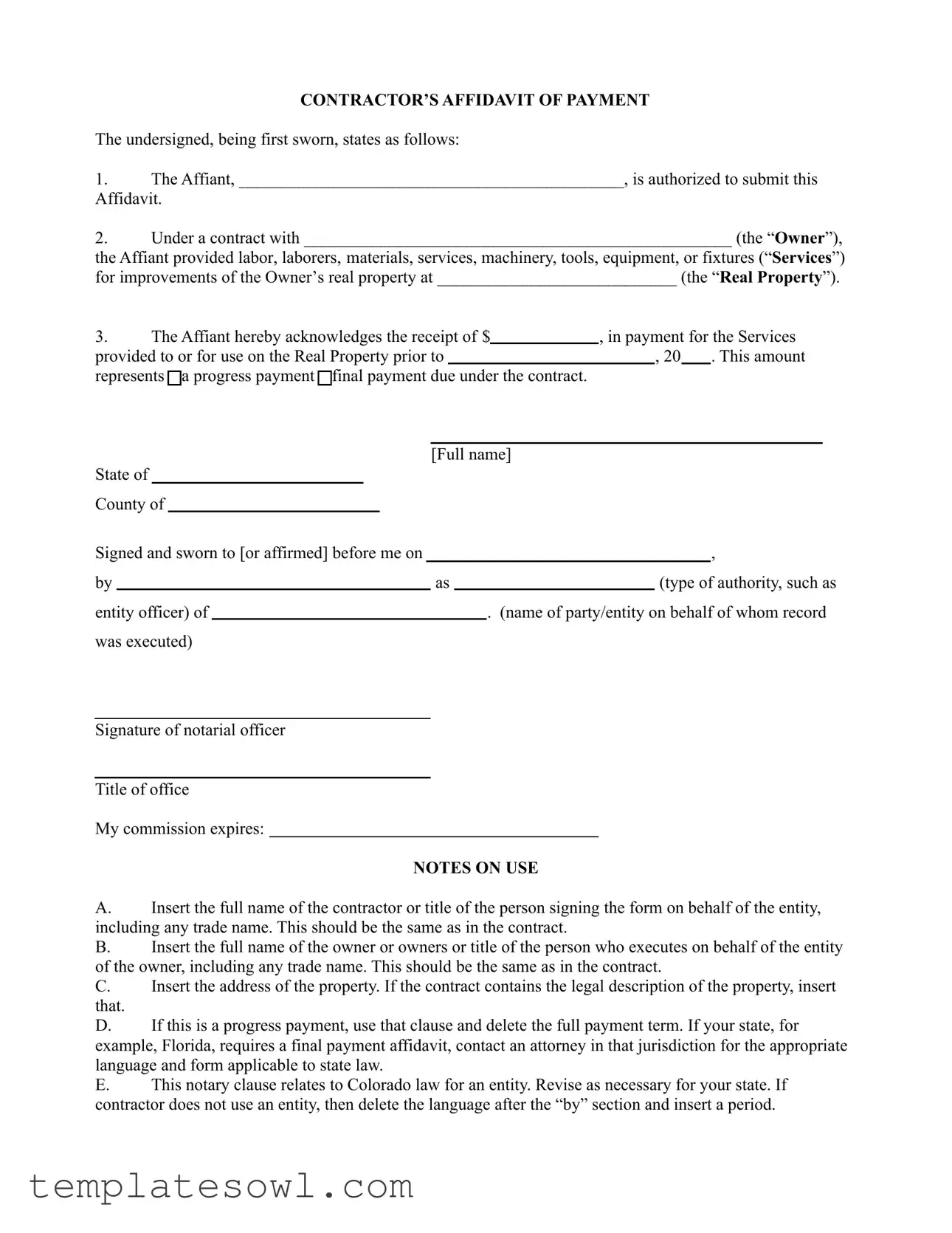 Fill Out Your Contractor Affidavit Form