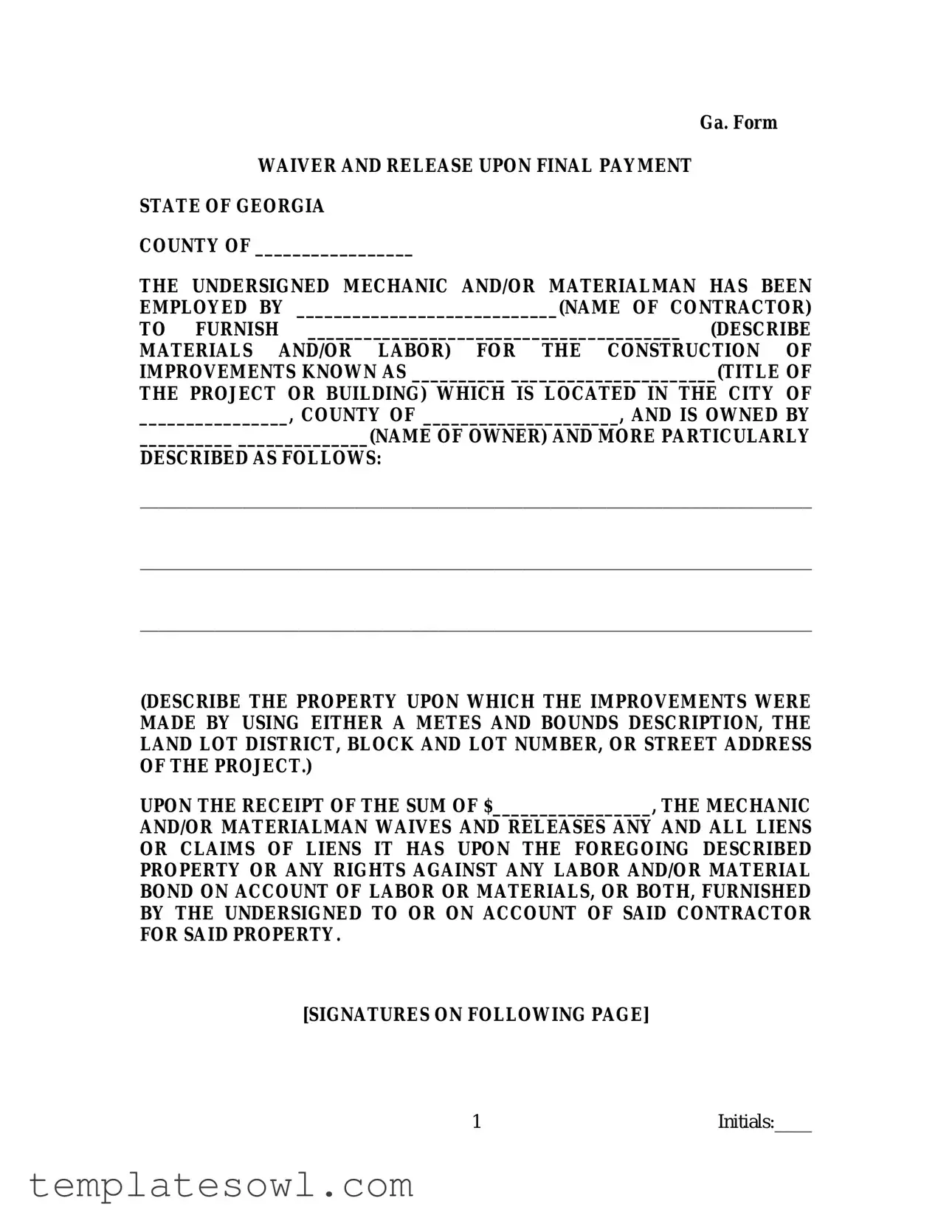 Fill Out Your Contractors Release Ga Form