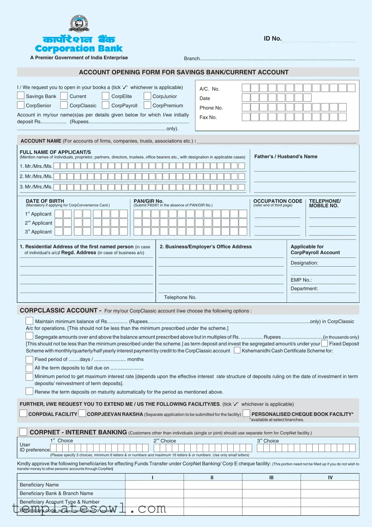 Fill Out Your Corporation Bank Account Opening Form