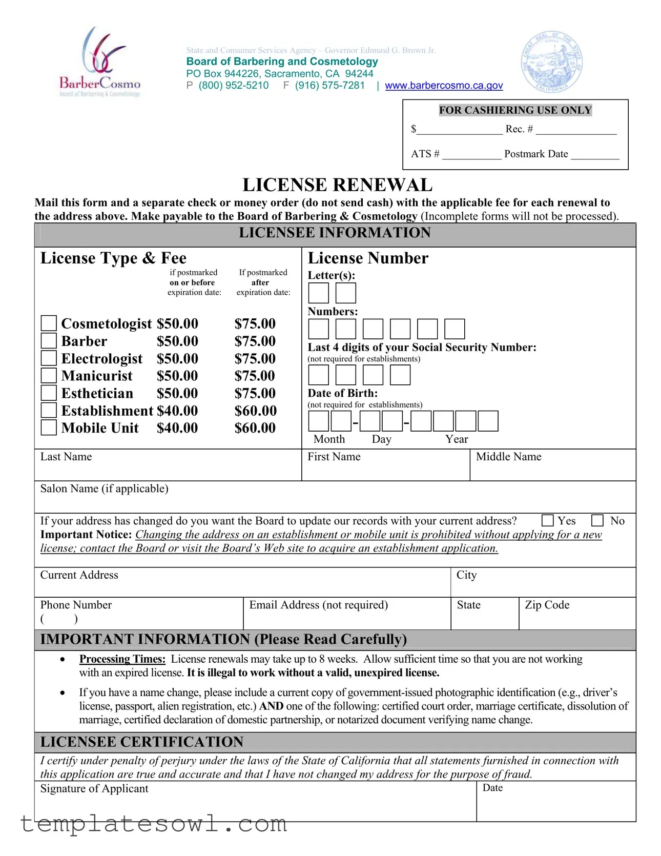 Fill Out Your Cosmetology License Renewal California Form