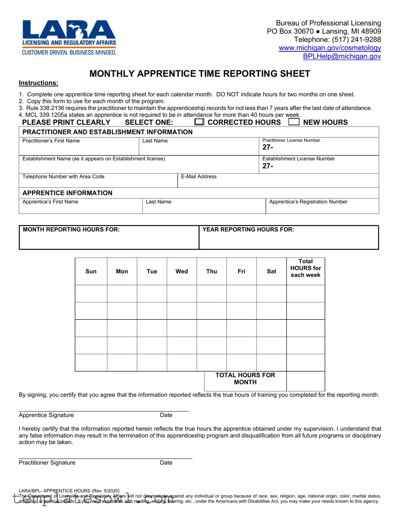 Fill Out Your Cosmetology Time Sheet For Apprentice To Sendnto Lara Form