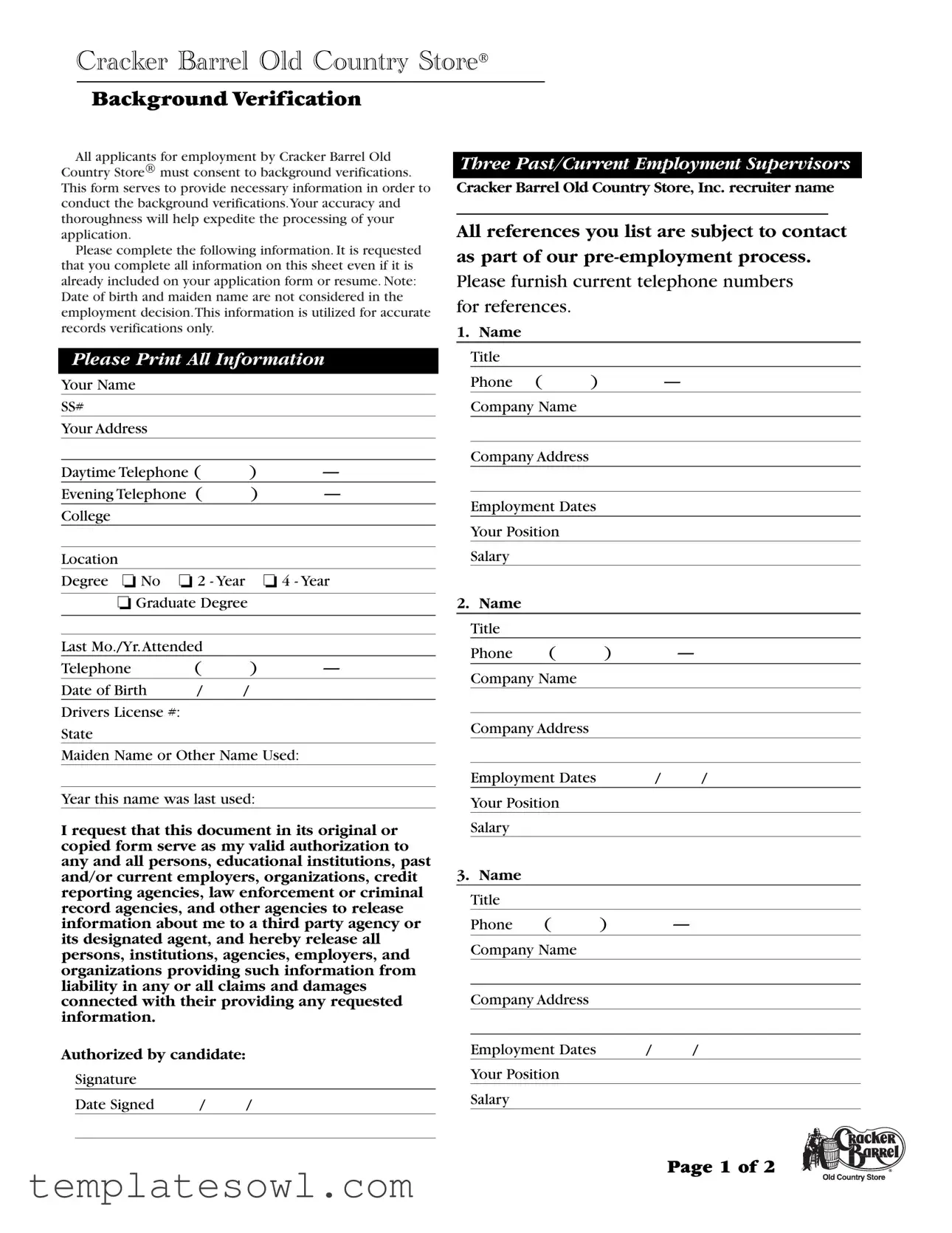 Fill Out Your Cracker Barrel Background Check Form