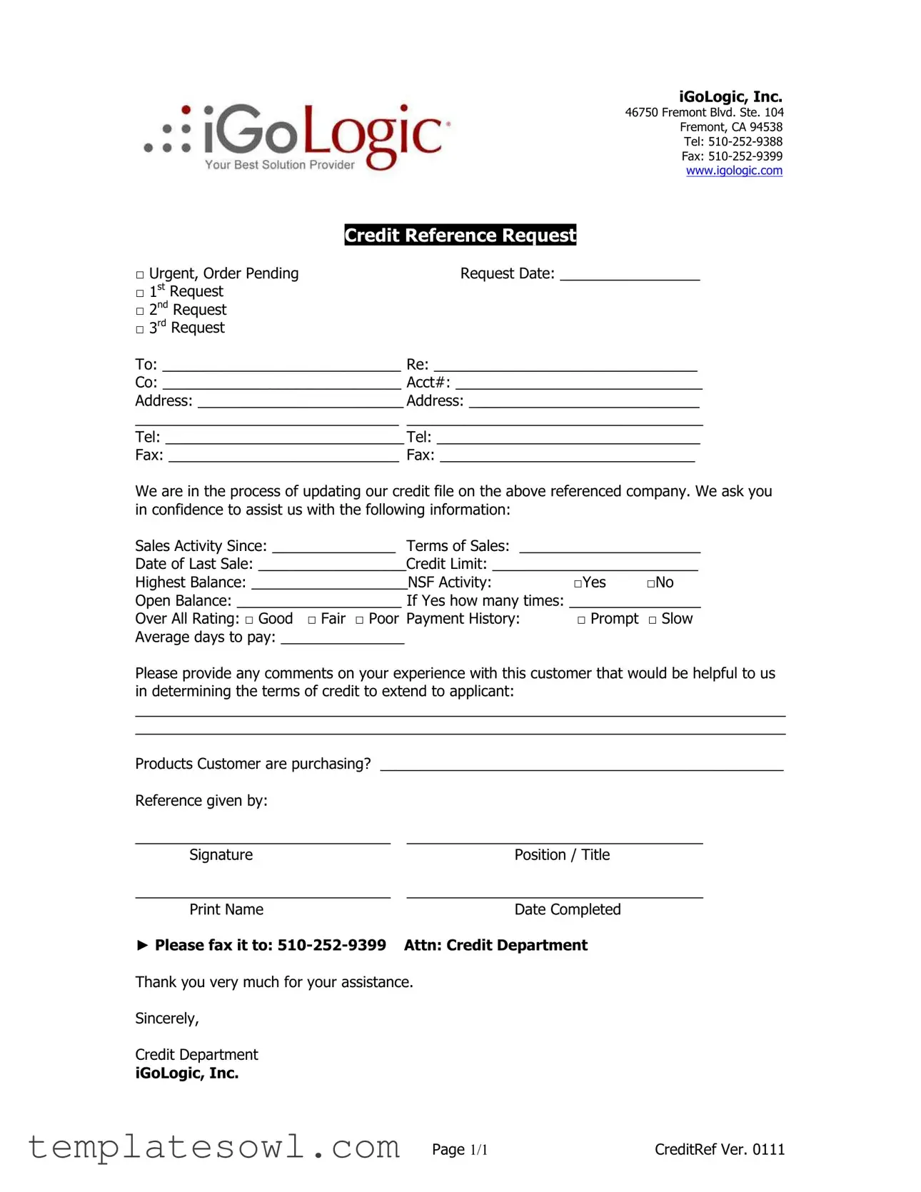 Fill Out Your Credit Reference Request Form