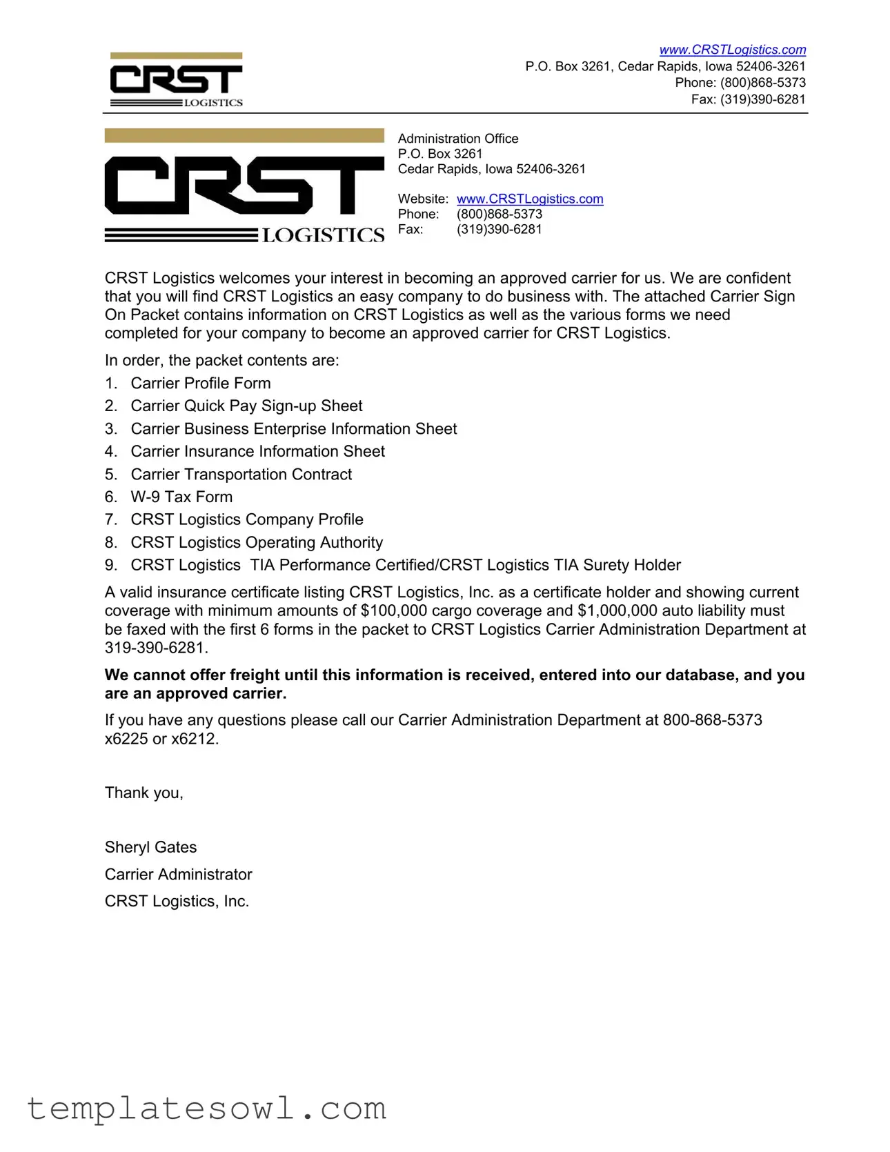 Fill Out Your Crst Logistics Carrier Packet Form