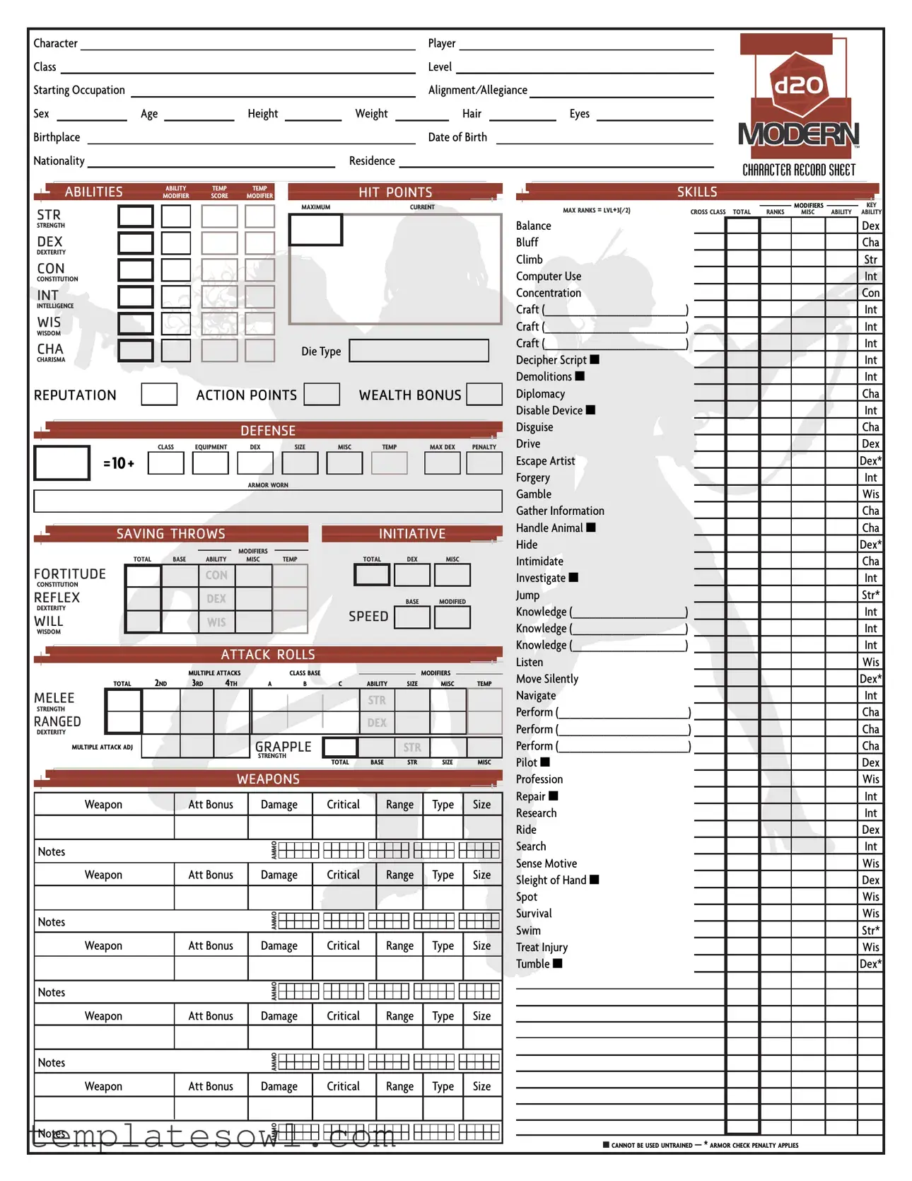 Fill Out Your D20 Modern Sheet Form