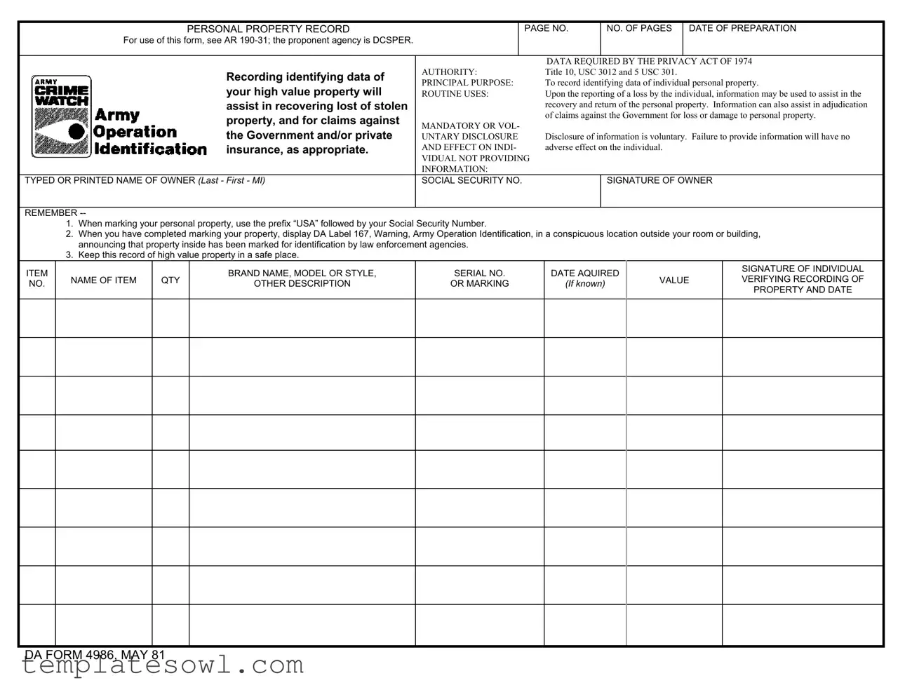 Fill Out Your Da 4986 Form