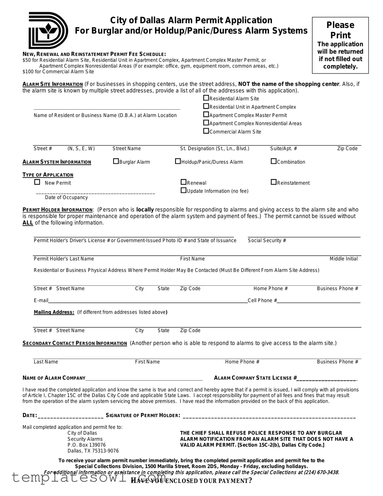 Fill Out Your Dallas Alarm Permit Application Form