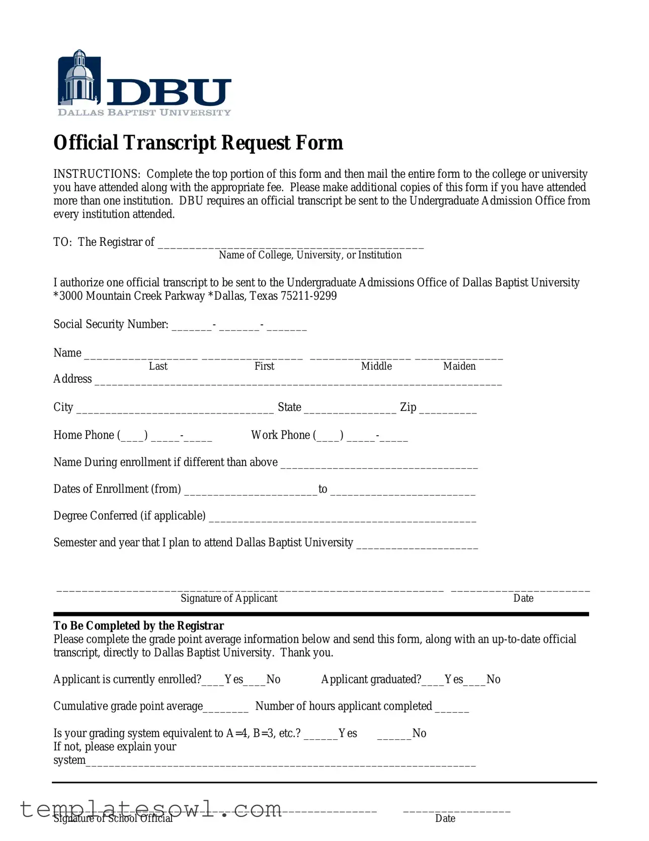 Fill Out Your Dbu Transcript Request Form