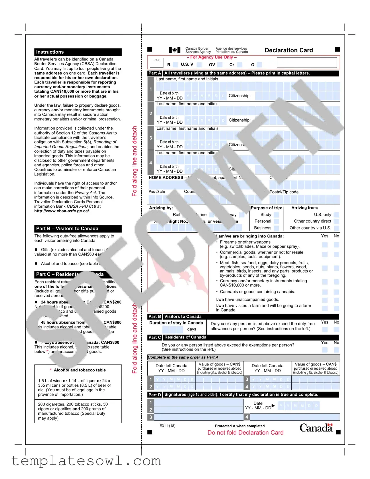 Fill Out Your Declaration Canada E311 Form