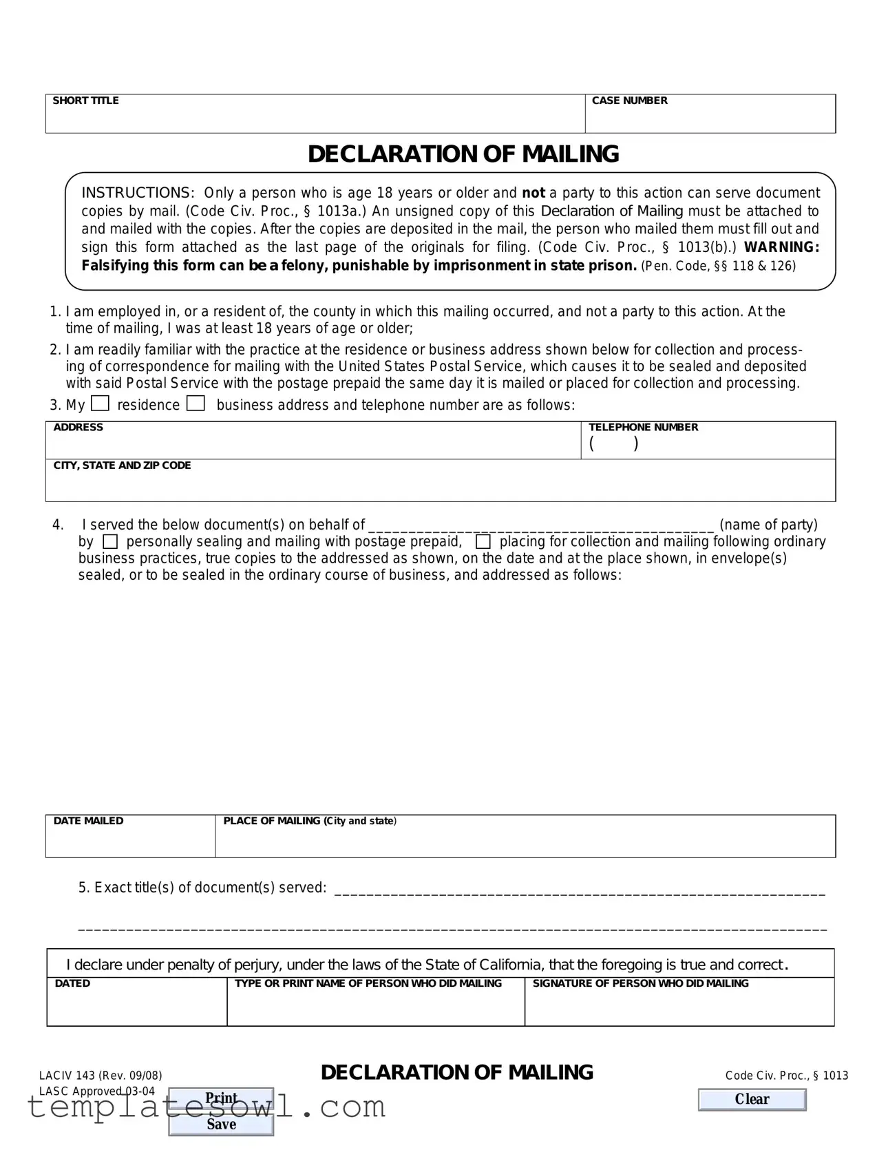 Fill Out Your Declaration Of Mailing Form