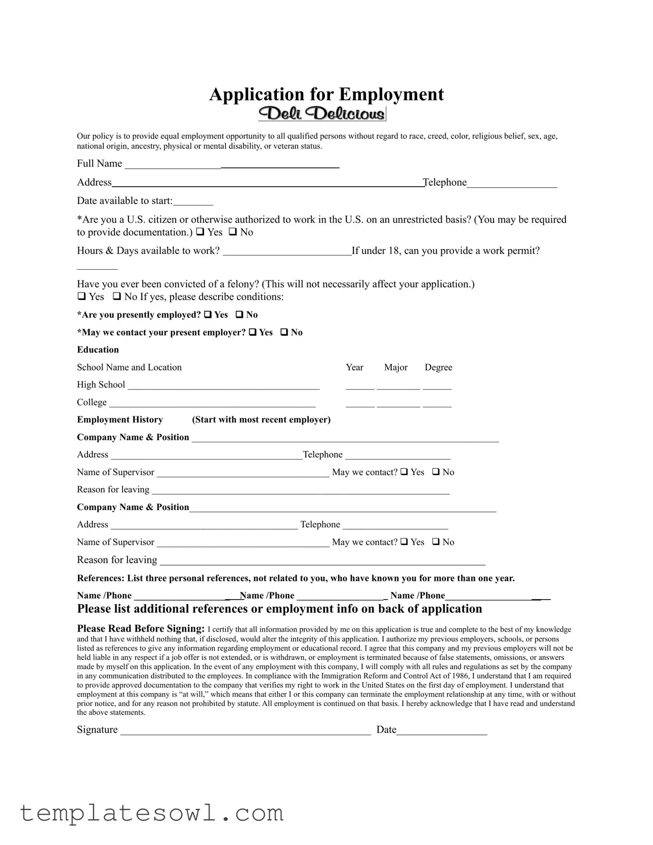 Fill Out Your Deli Delicious Application Form
