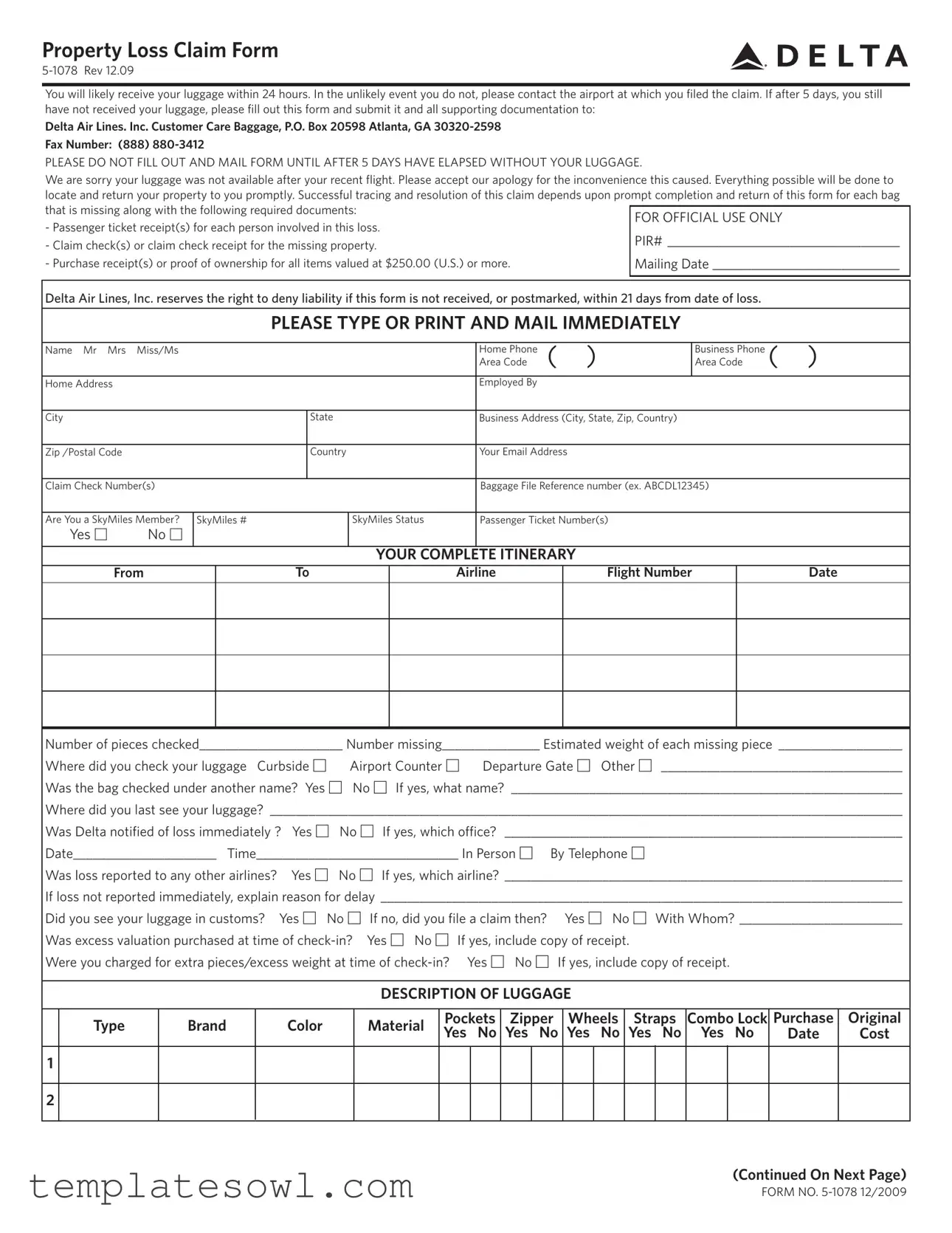 Fill Out Your Delta Property Form