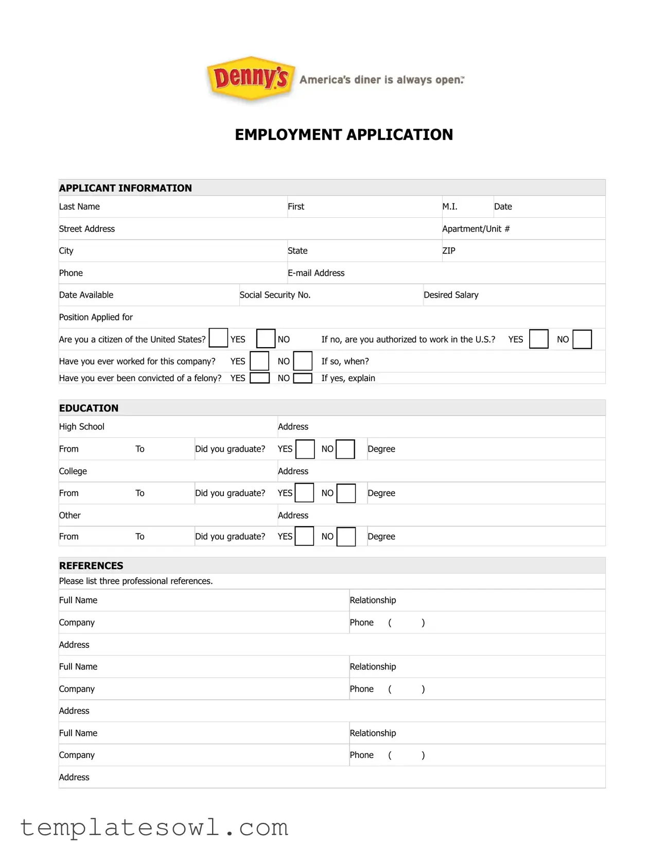 Fill Out Your Dennys Application Form