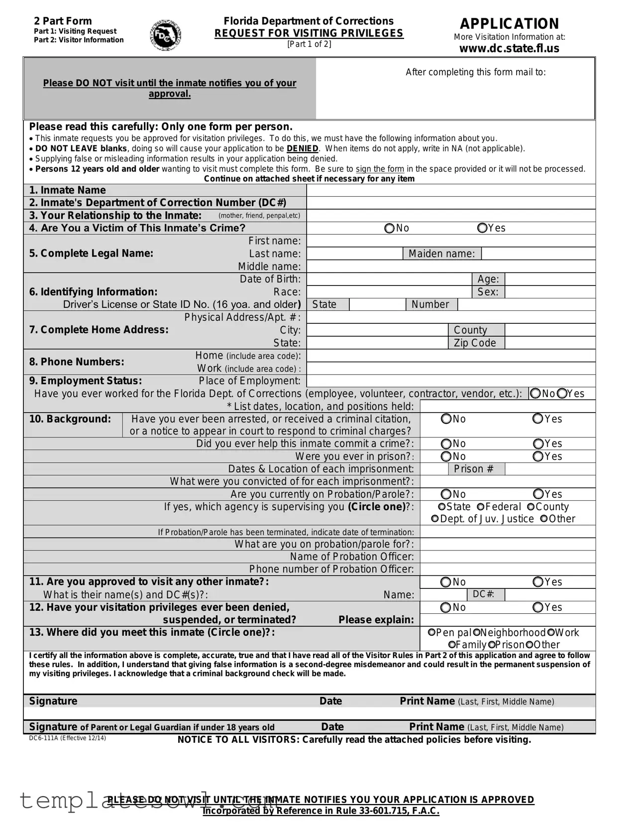 Fill Out Your Department Of Corrections Visitation Florida Form