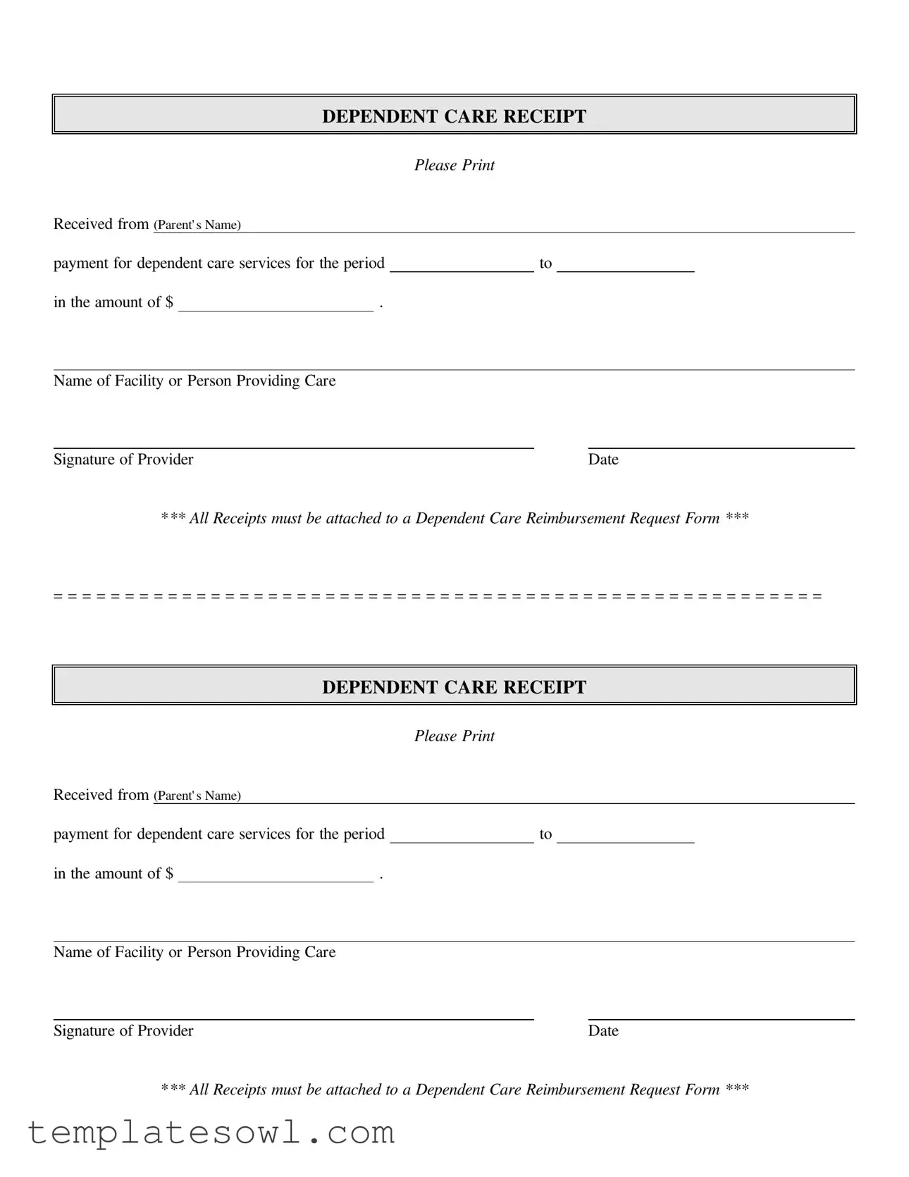 Fill Out Your Dependent Care Receipt Form