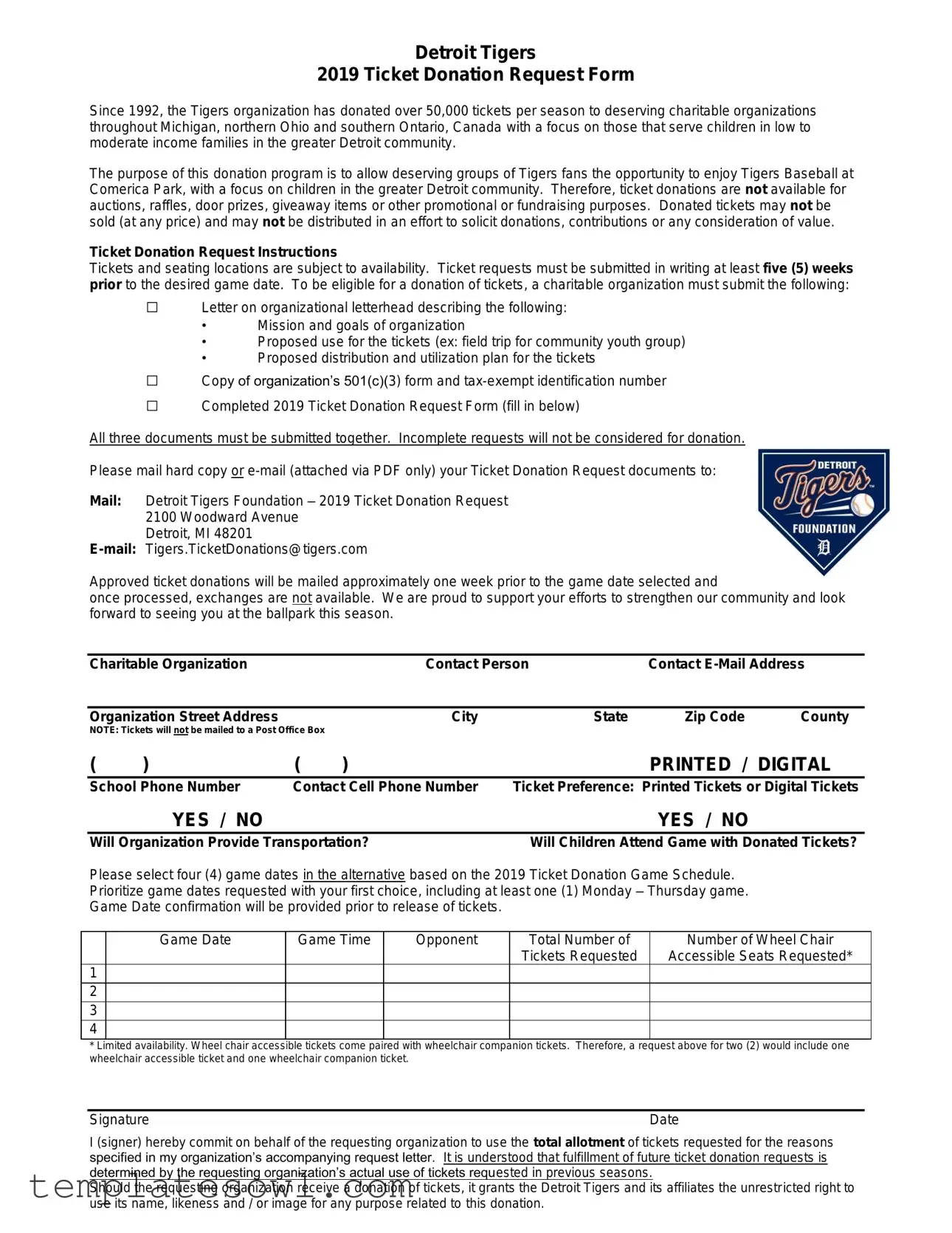 Fill Out Your Detroit Tigers Donation Request Form