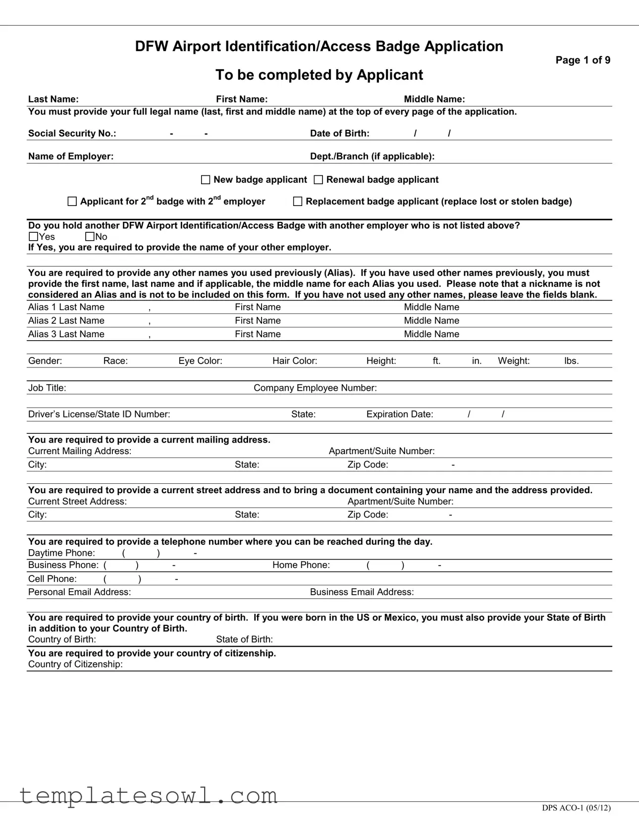 Fill Out Your Dfw Aco Form